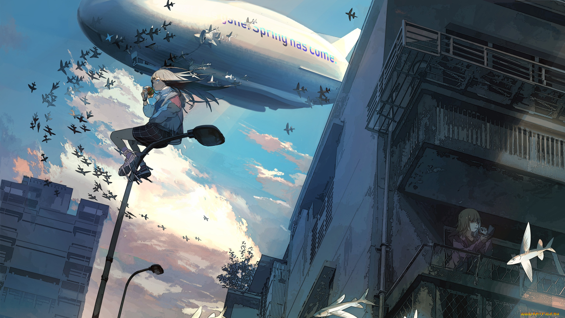 аниме, unknown, , другое, , дирижабль, дома, фонарь, девочки, рыбы