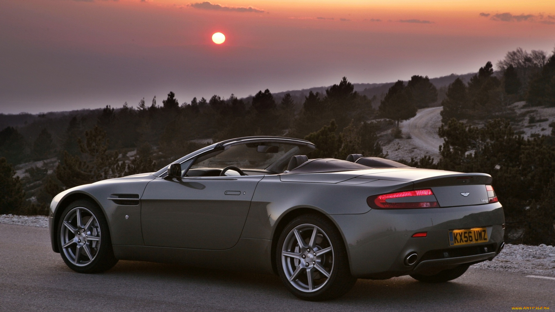 aston, martin, db9, автомобили, aston, martin, серый, кабриолет, дорога, лес, закат