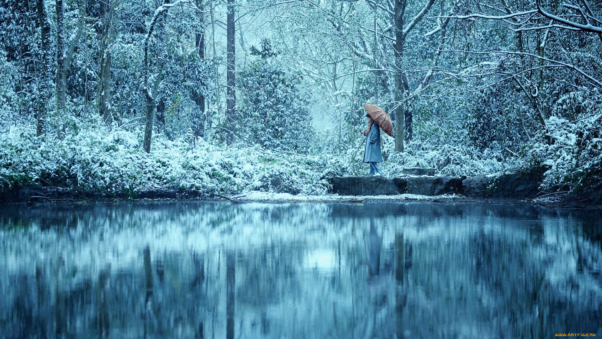 мужчины, xiao, zhan, актер, пальто, шарф, зонт, озеро, лес, снег