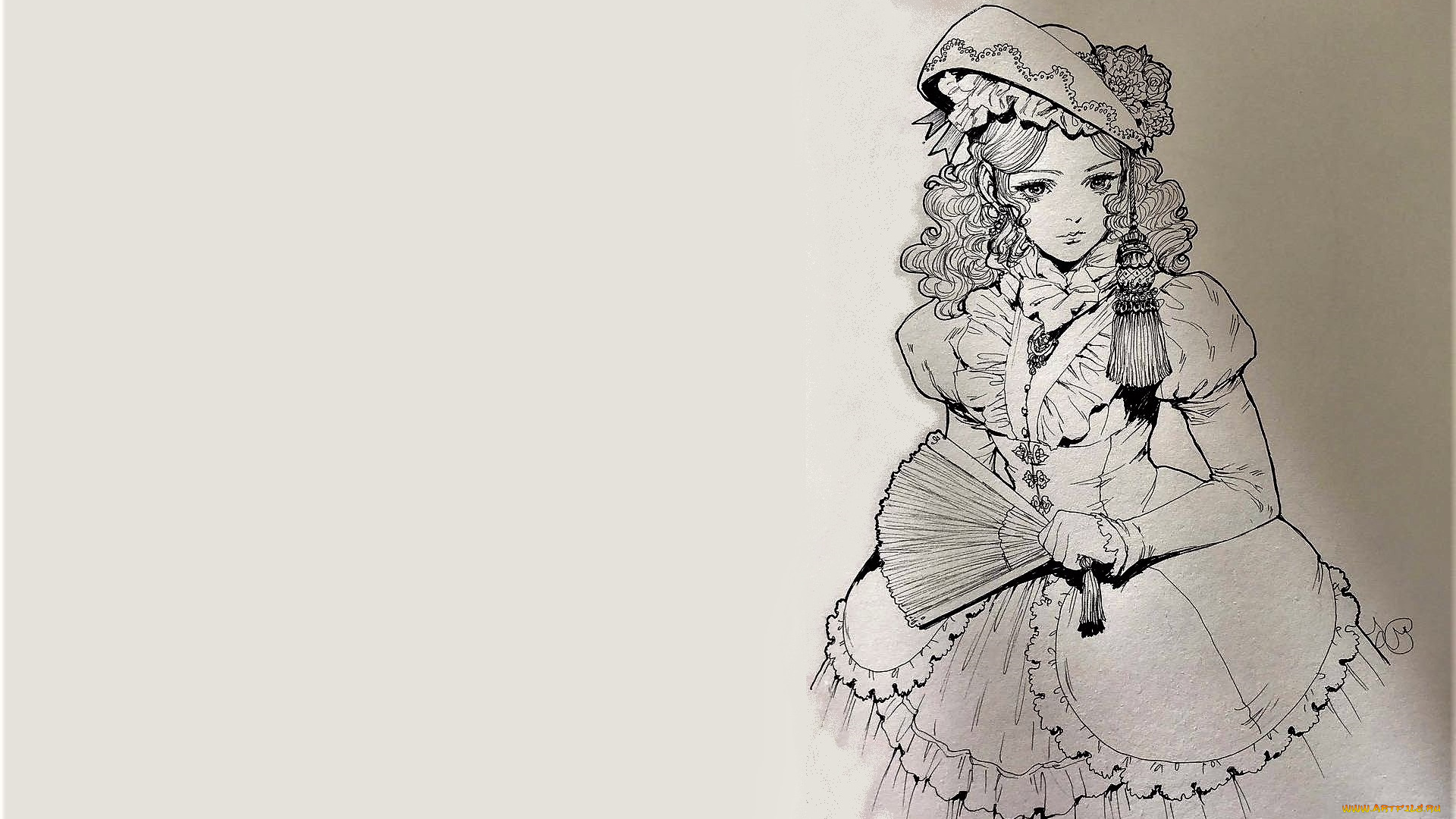 рисованное, люди, дама, наряд, веер