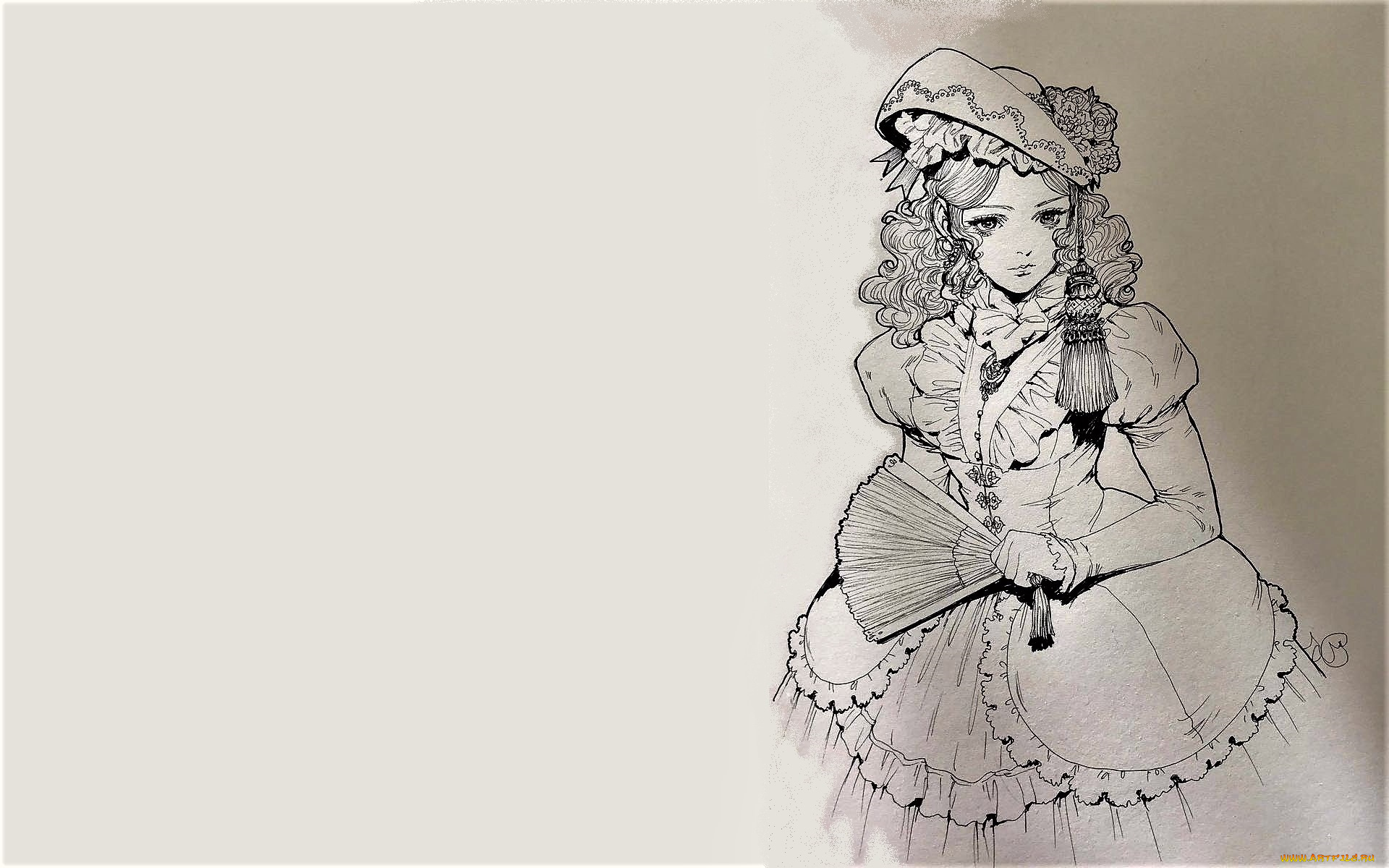 рисованное, люди, дама, наряд, веер