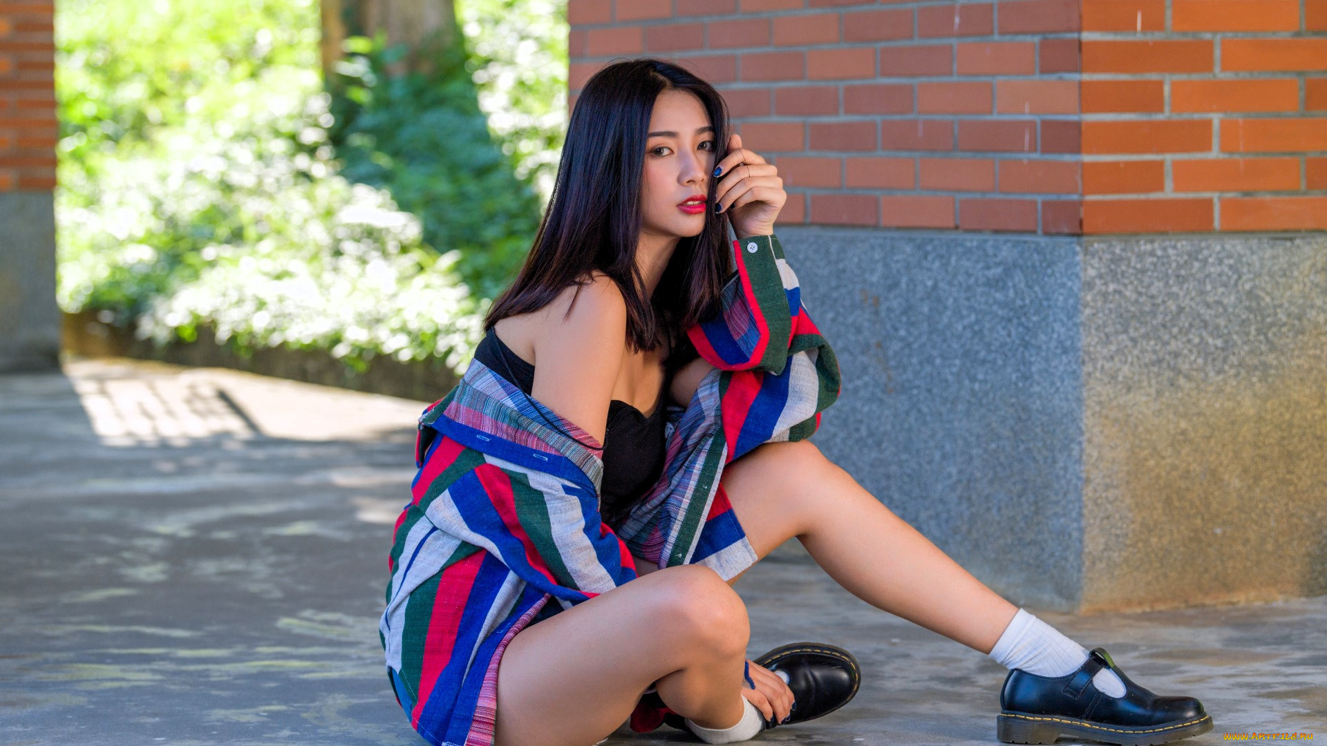 девушки, -, азиатки, брюнетка, рубашка, здание