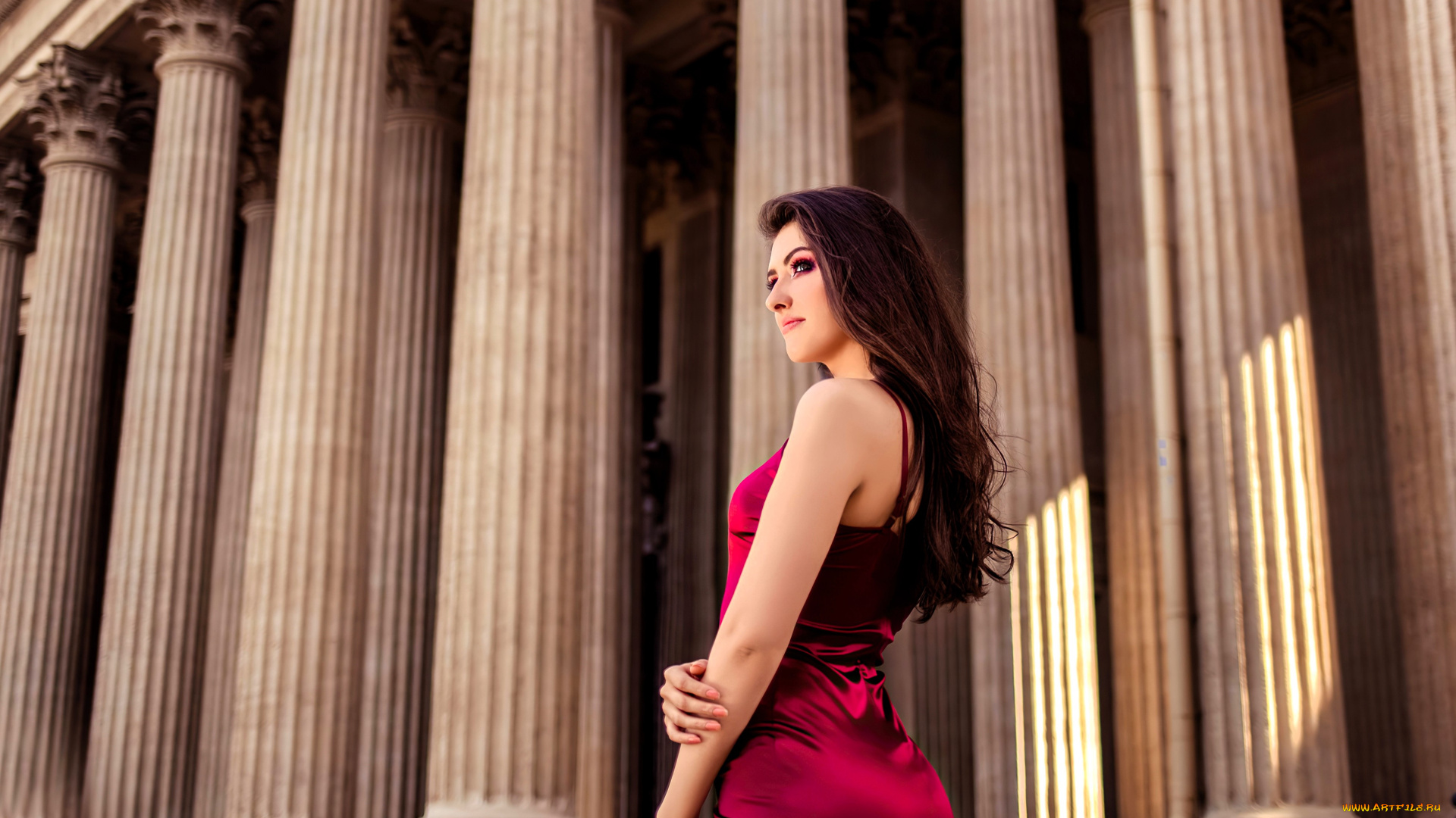 девушки, -, брюнетки, , шатенки, шатенка, платье, здание, колонны