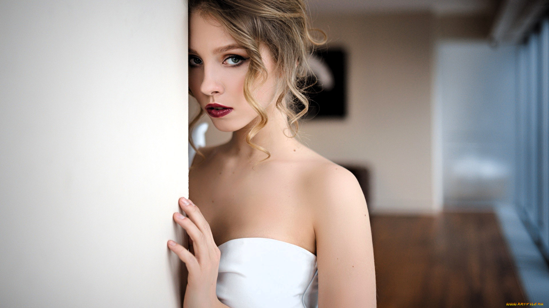 девушки, -, лица, , портреты, блондинка, лицо, стена