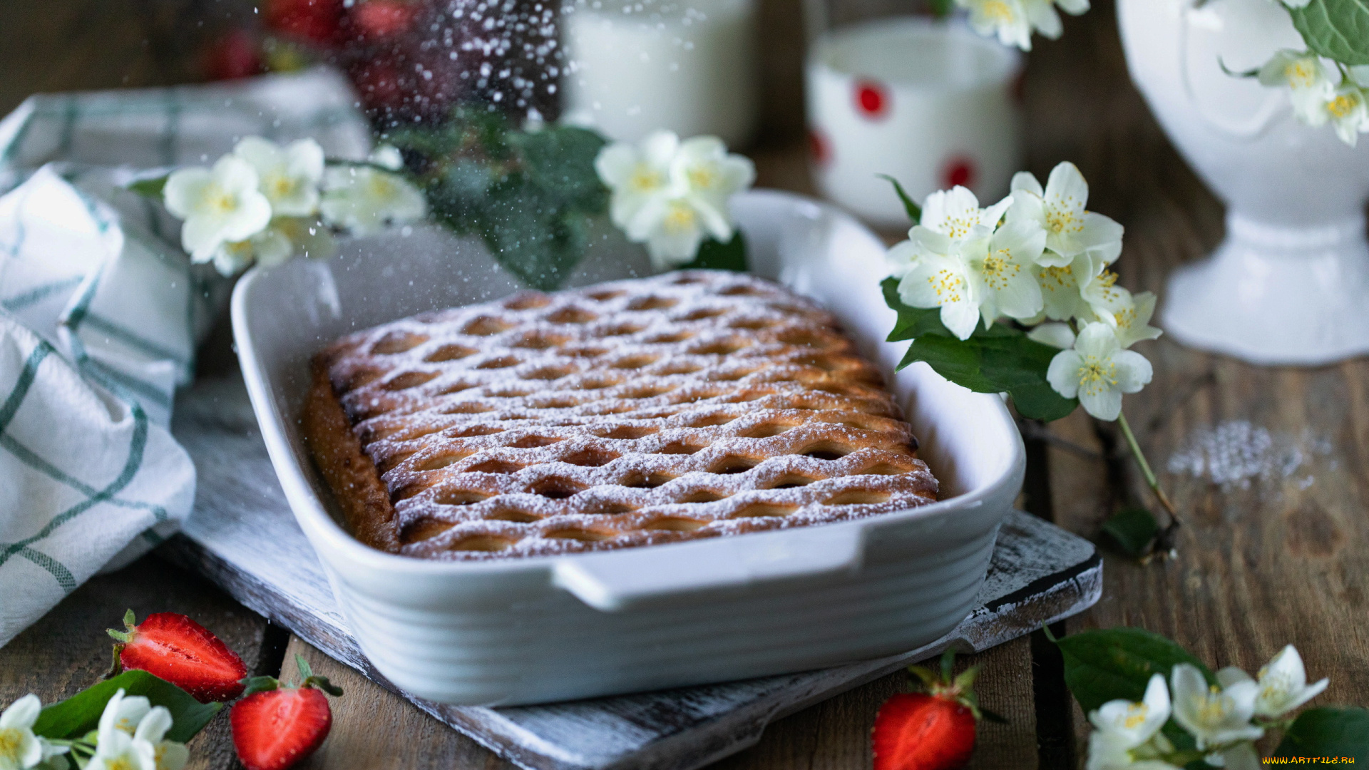 еда, пироги, жасмин, пирог, ягоды, клубника