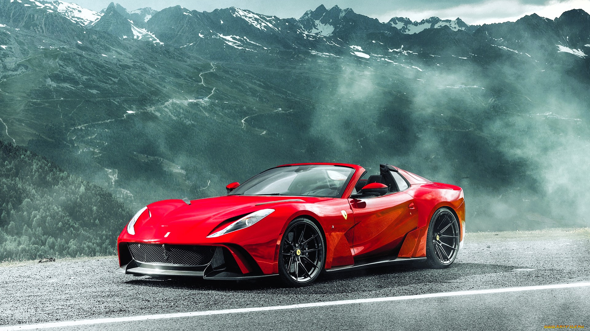 ferrari, 812, gts, n, largo, автомобили, ferrari, красный, горы, туман, дорога