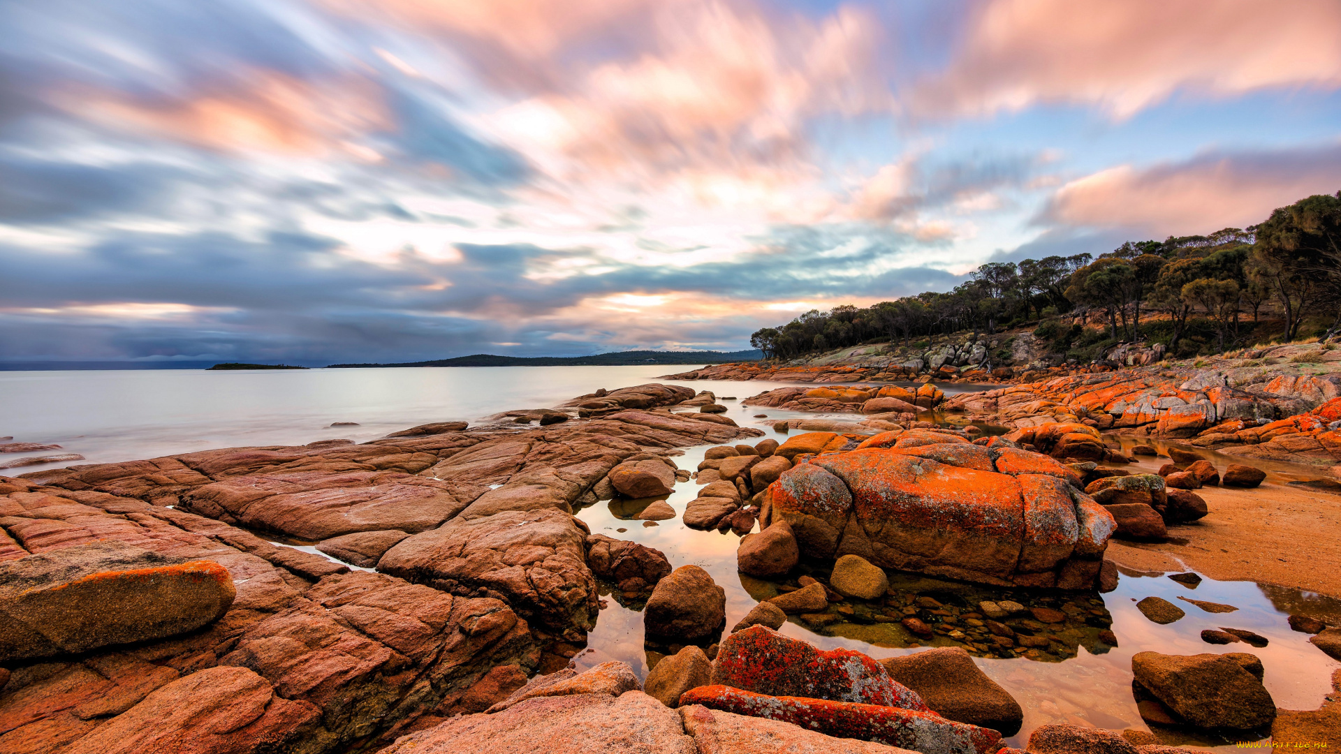 природа, побережье, небо, облака, озеро, берег, камни, деревья