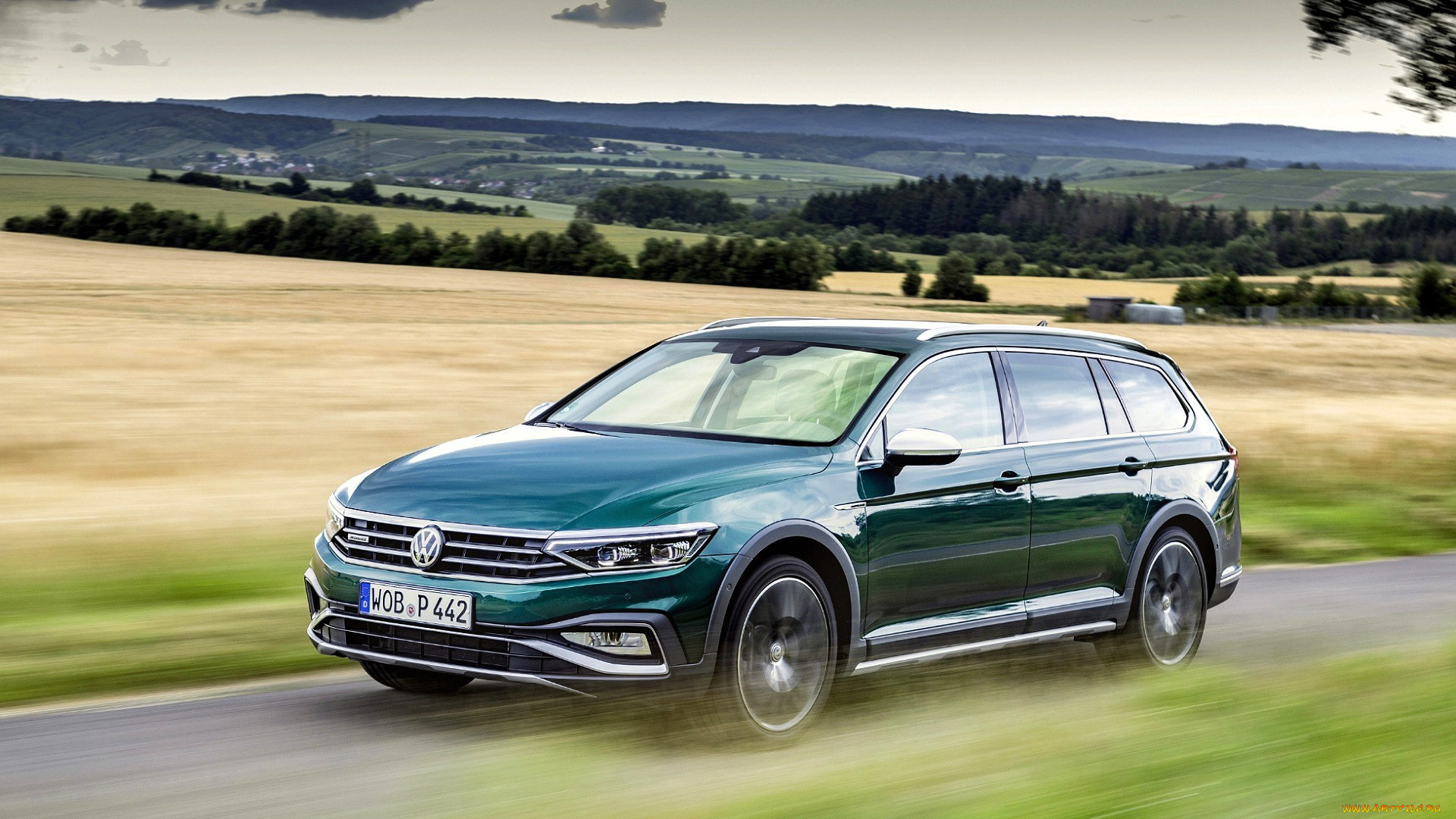 volkswagen, passat, автомобили, volkswagen, голубой, скорость, дорога, поля, рощи