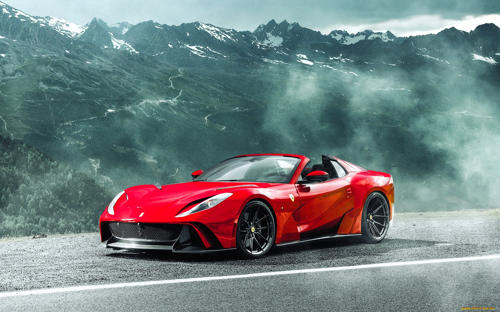 ferrari, 812, gts, n, largo, автомобили, ferrari, красный, горы, туман, дорога