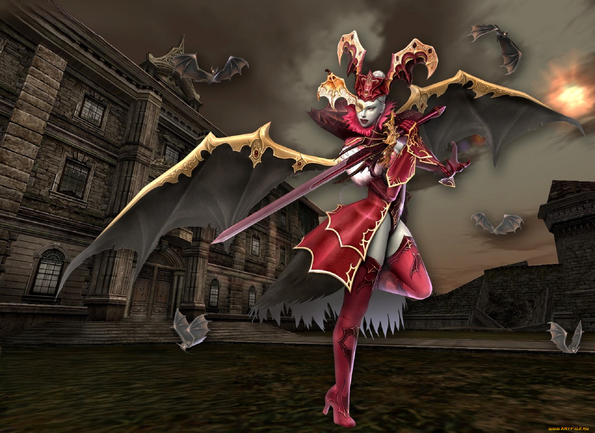 видео, игры, lineage, ii, , the, chaotic, chronicle, персонаж, крылья, меч, летучие, мыши, здания