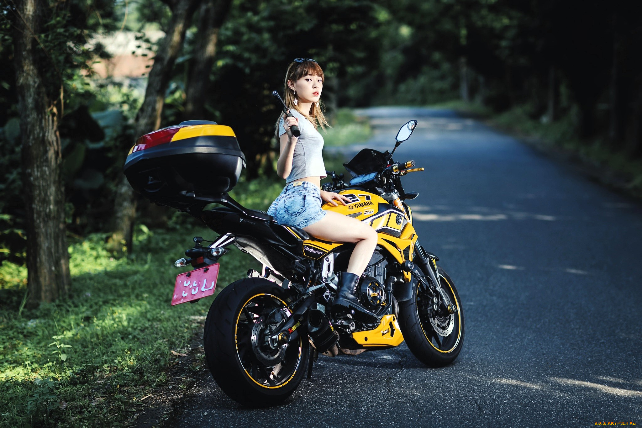 мотоциклы, мото, с, девушкой, мотоцикл, шатенка, футболка, шорты, пистолет, дорога, лес