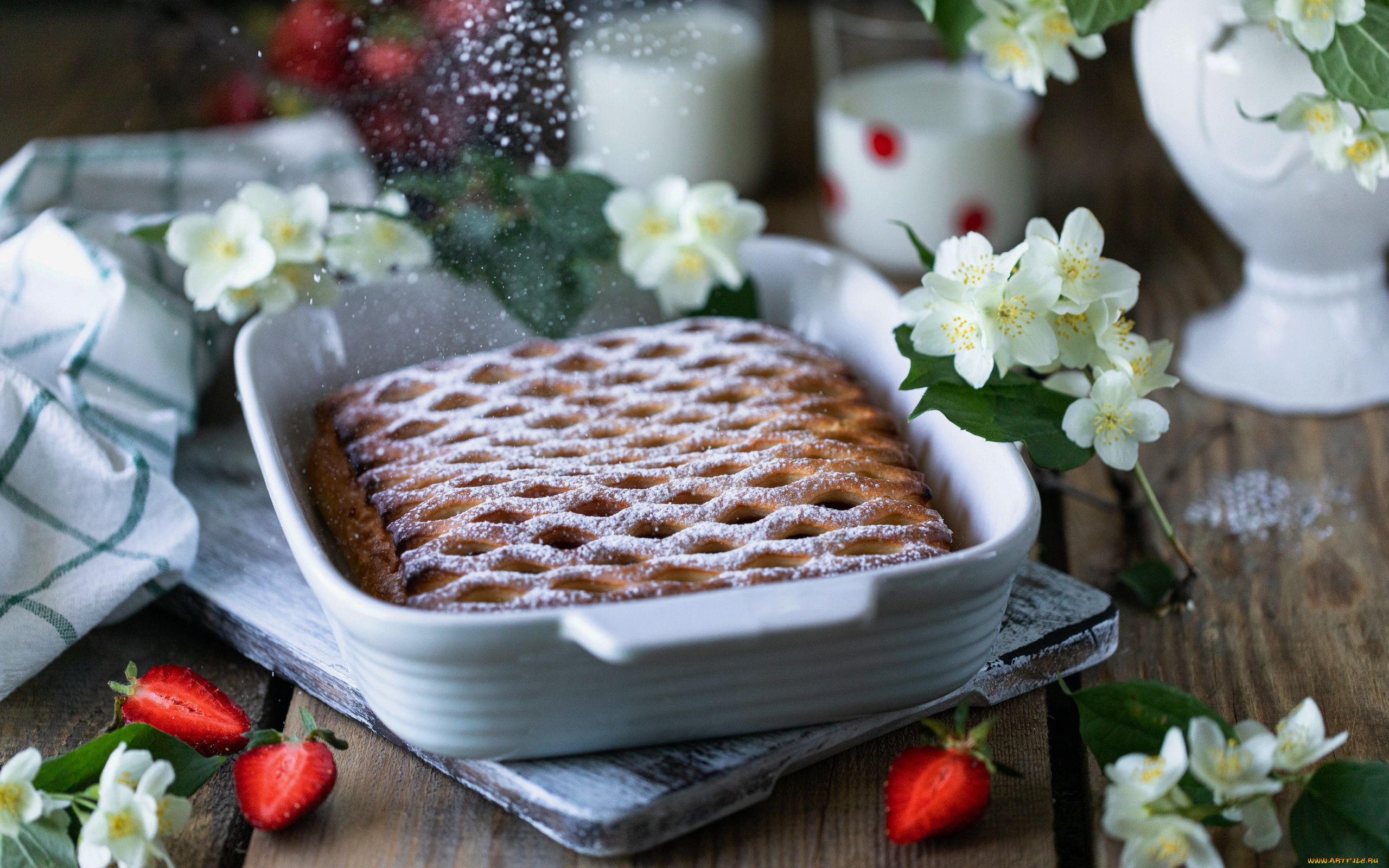 еда, пироги, жасмин, пирог, ягоды, клубника