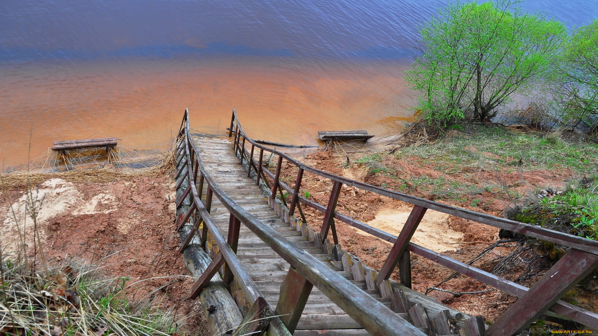 природа, дороги, река, лестница