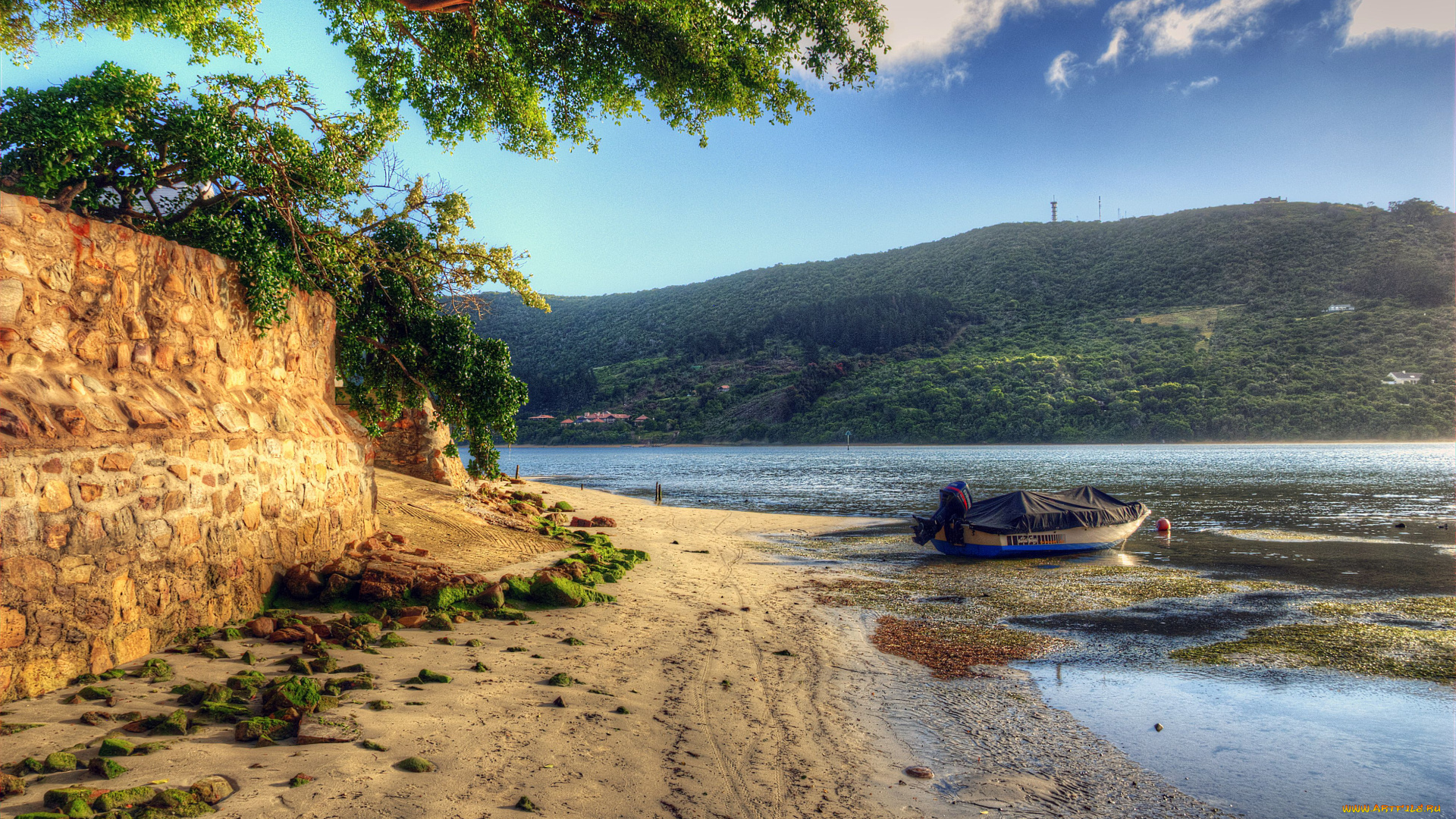 природа, побережье, лодка, берег, река