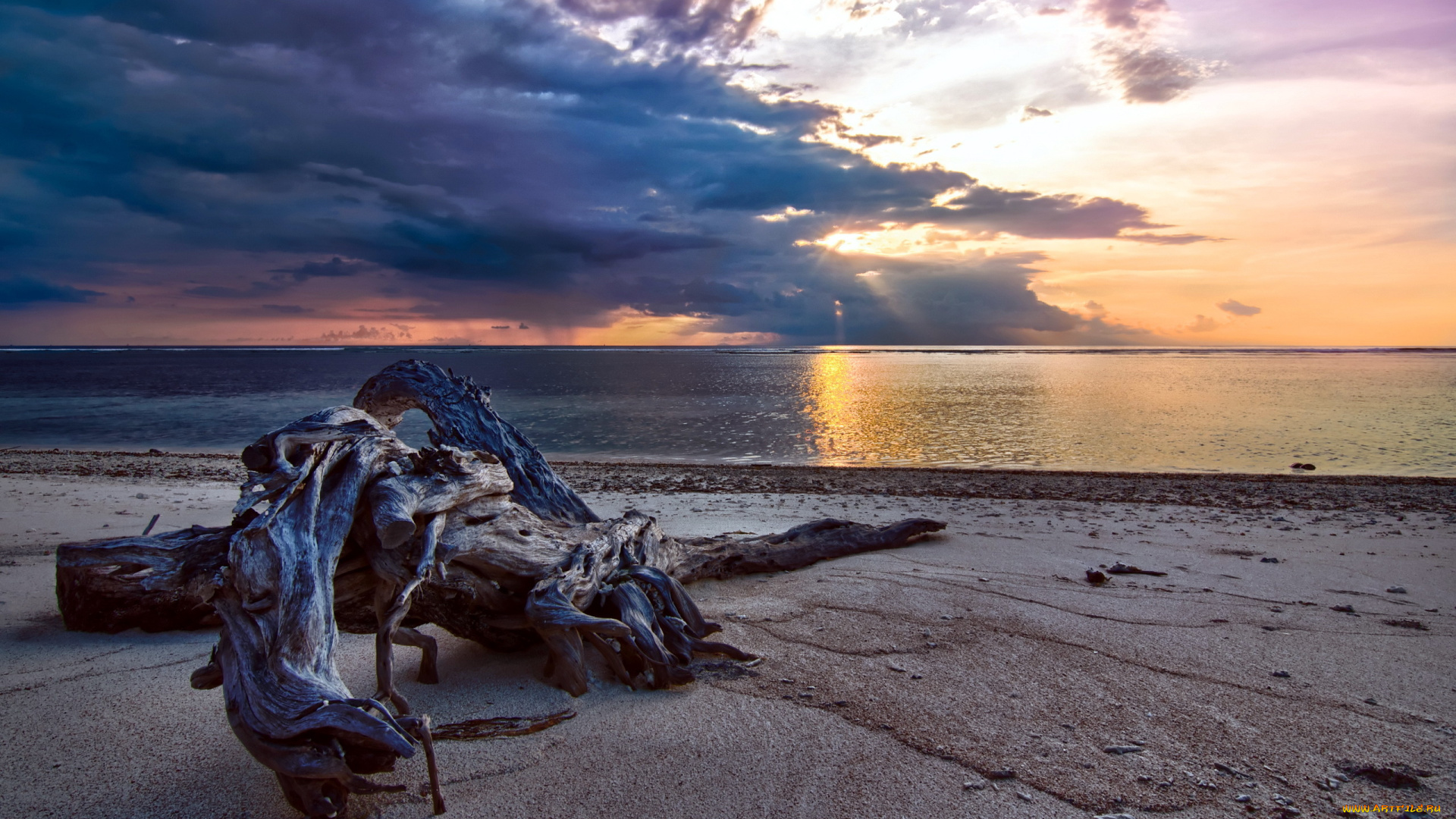 природа, побережье, песок, закат, море