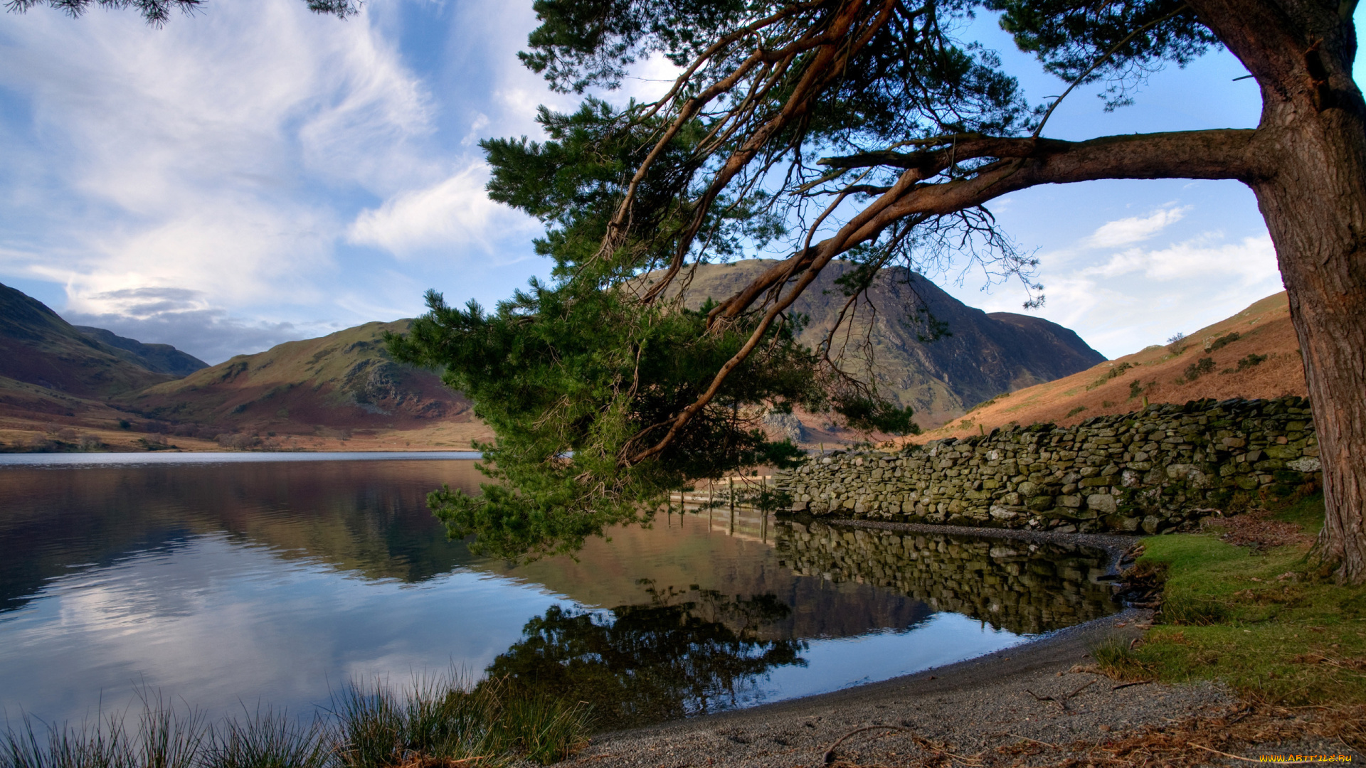 природа, реки, озера, озеро, дерево, холмы, горы, берег