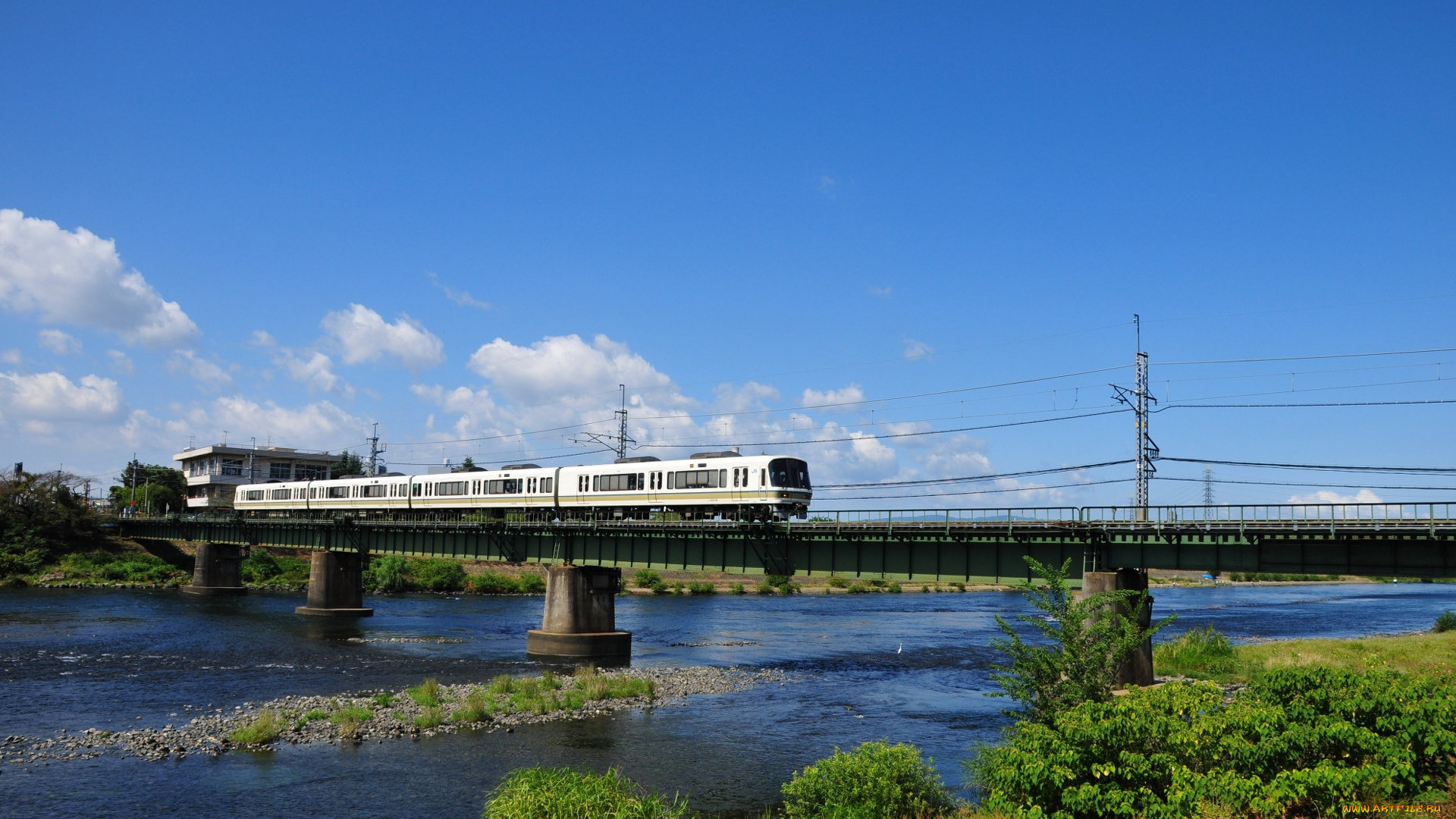 техника, электрички, река, мост