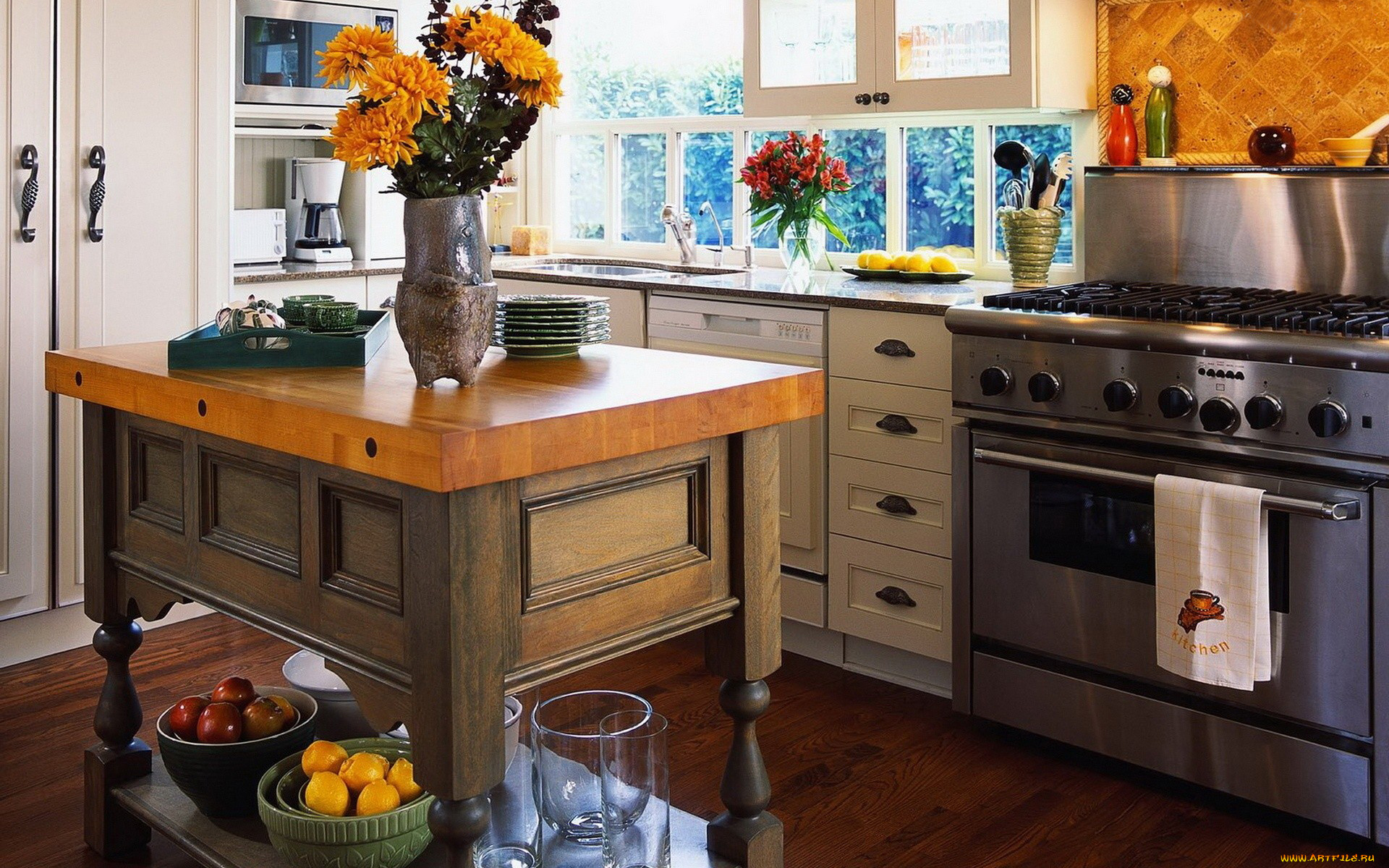 интерьер, кухня, лимоны, яблоки, тюльпаны, стол, плита