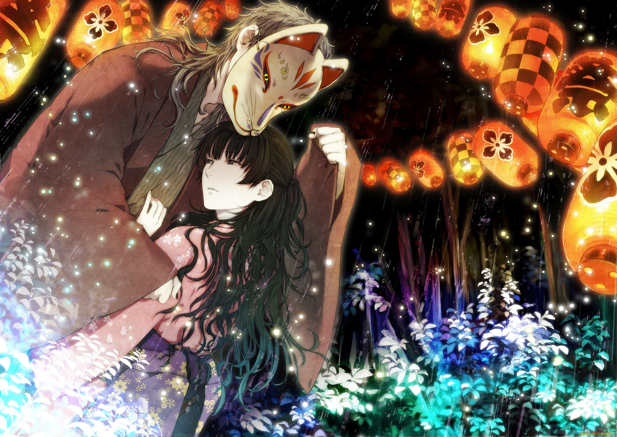 аниме, *unknown, другое, национальная, одежда, маска, парень, девушка