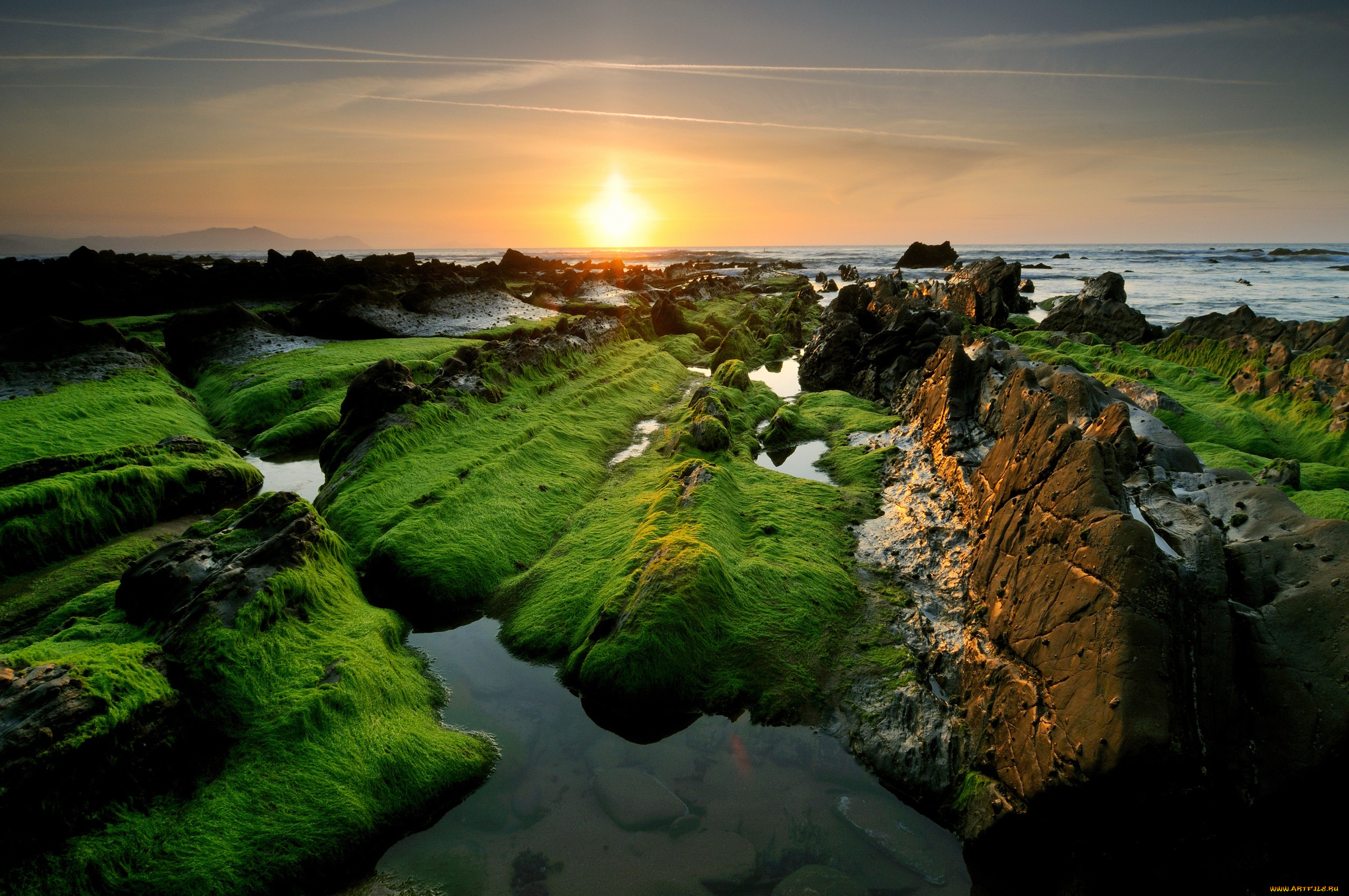 природа, восходы, закаты, камни, море, скалы, зеленые, солнце