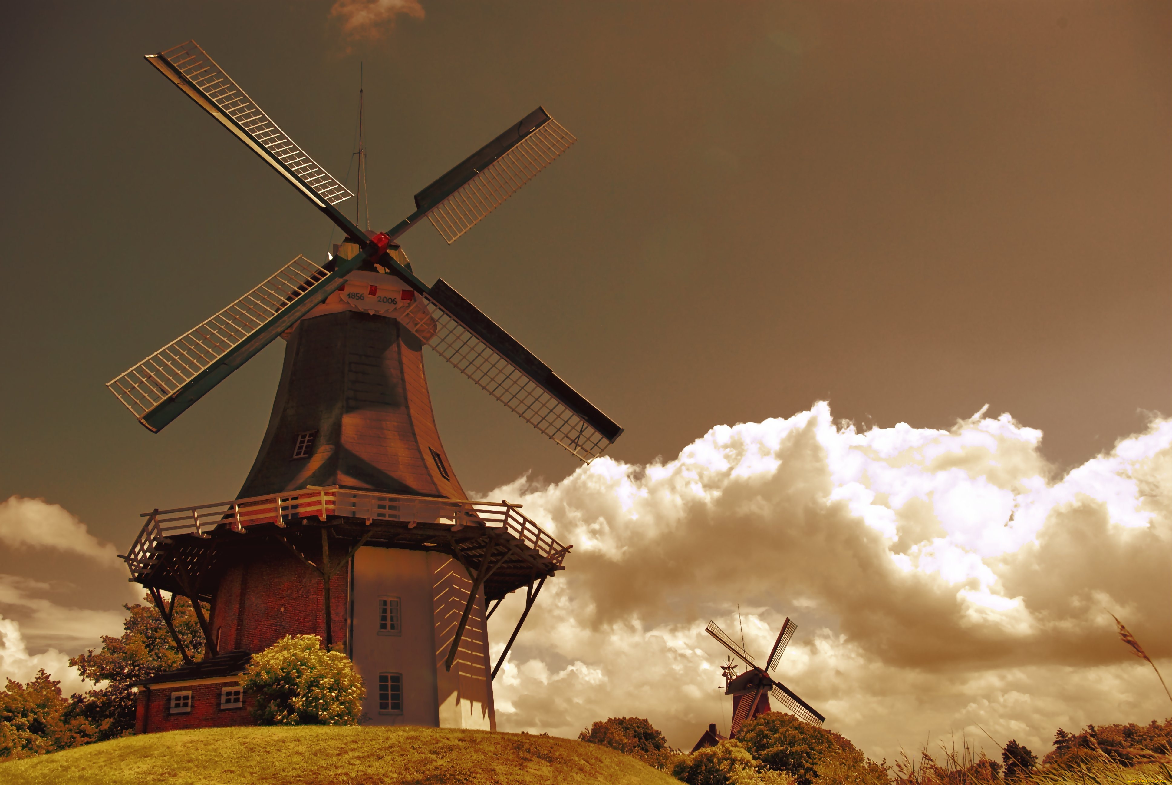 разное, мельницы, облака, голландия