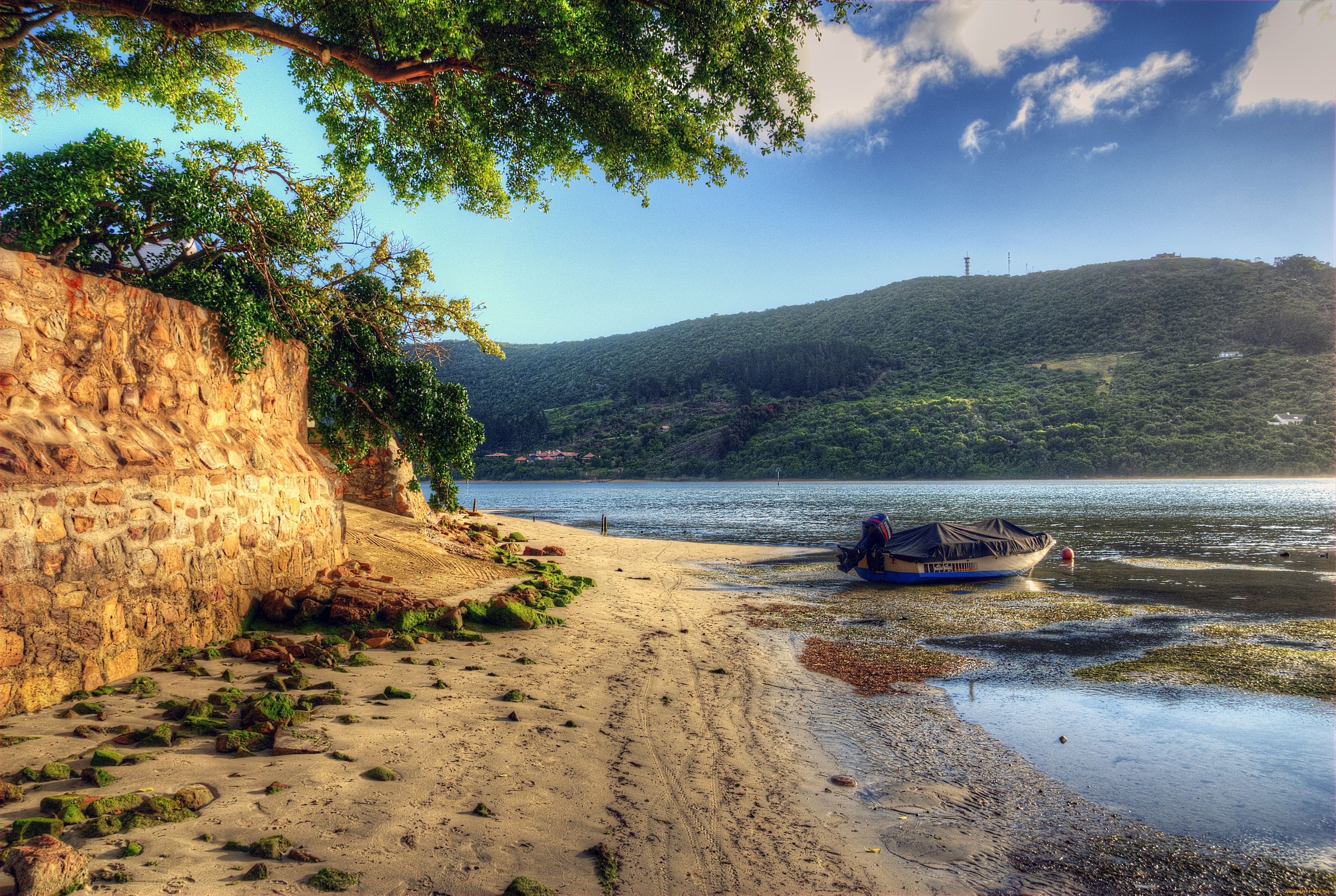 природа, побережье, лодка, берег, река