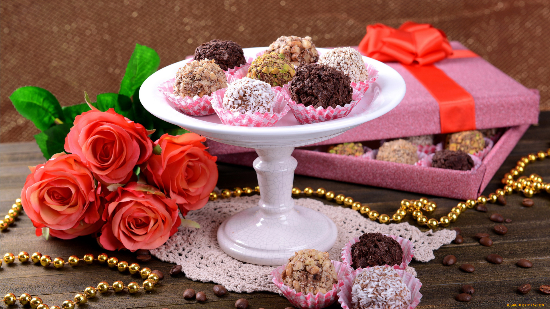 еда, конфеты, , шоколад, , сладости, розы, ассорти, бусы, зерна