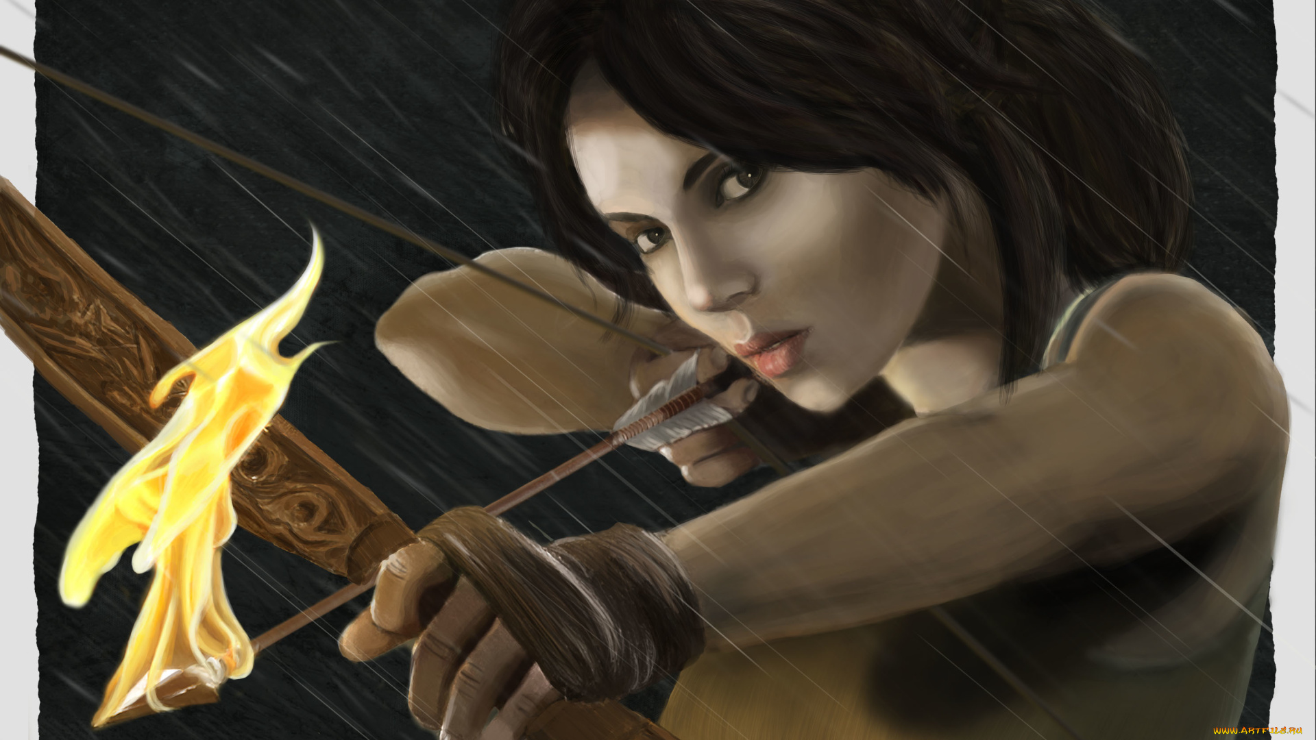 фэнтези, девушки, дождь, стрела, лук, крофт, лара