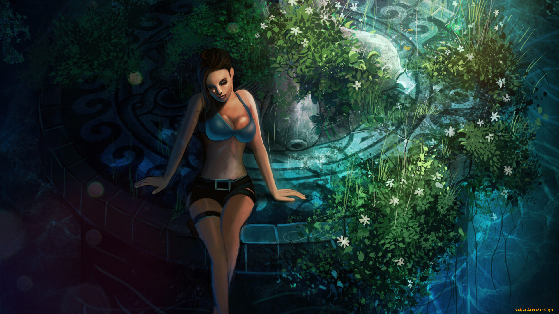 фэнтези, девушки, круг, зелень, каменный, крофт, лара