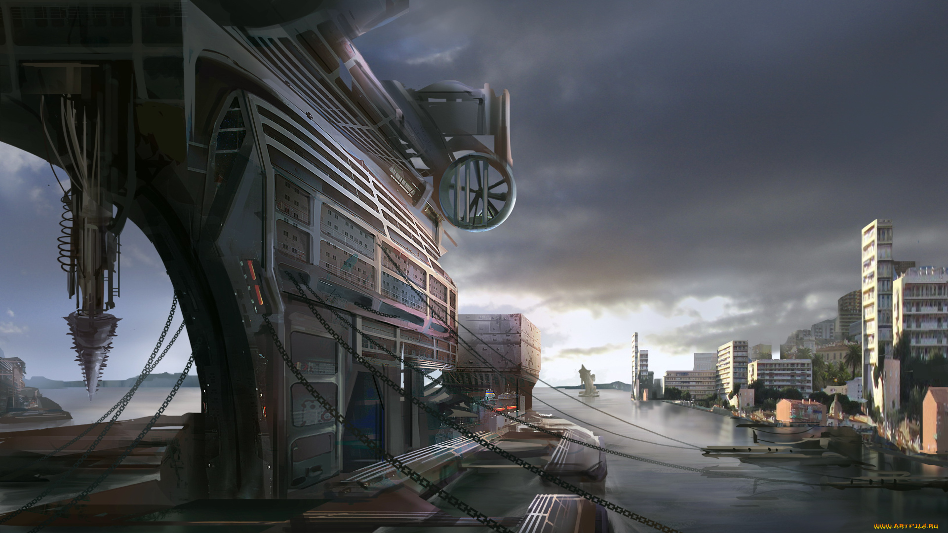 фэнтези, корабли, город, мир, иной, будущее, корабль, порт