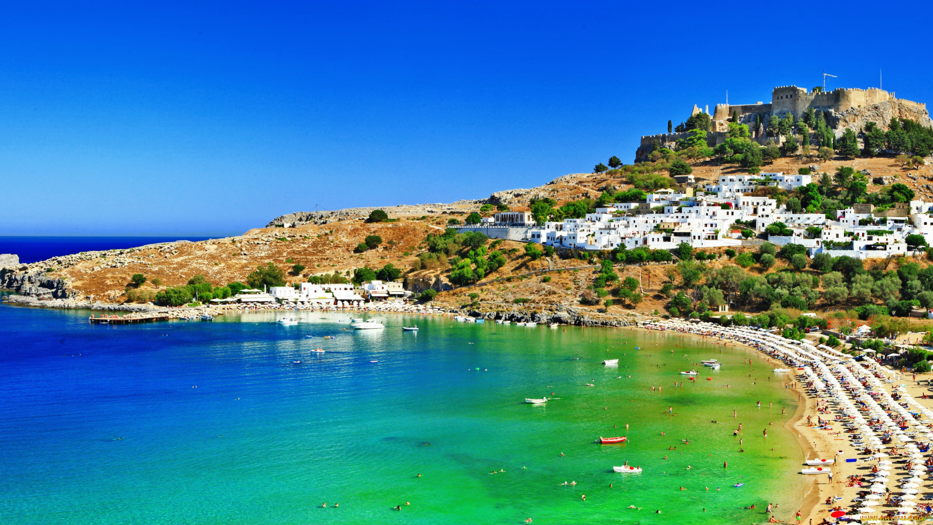 lindos, , greece, города, -, панорамы, побережье, mediterranean, sea, rhodes, greece, остров, средиземное, море, родос, холм, крепость, панорама, пляж, греция, линдос