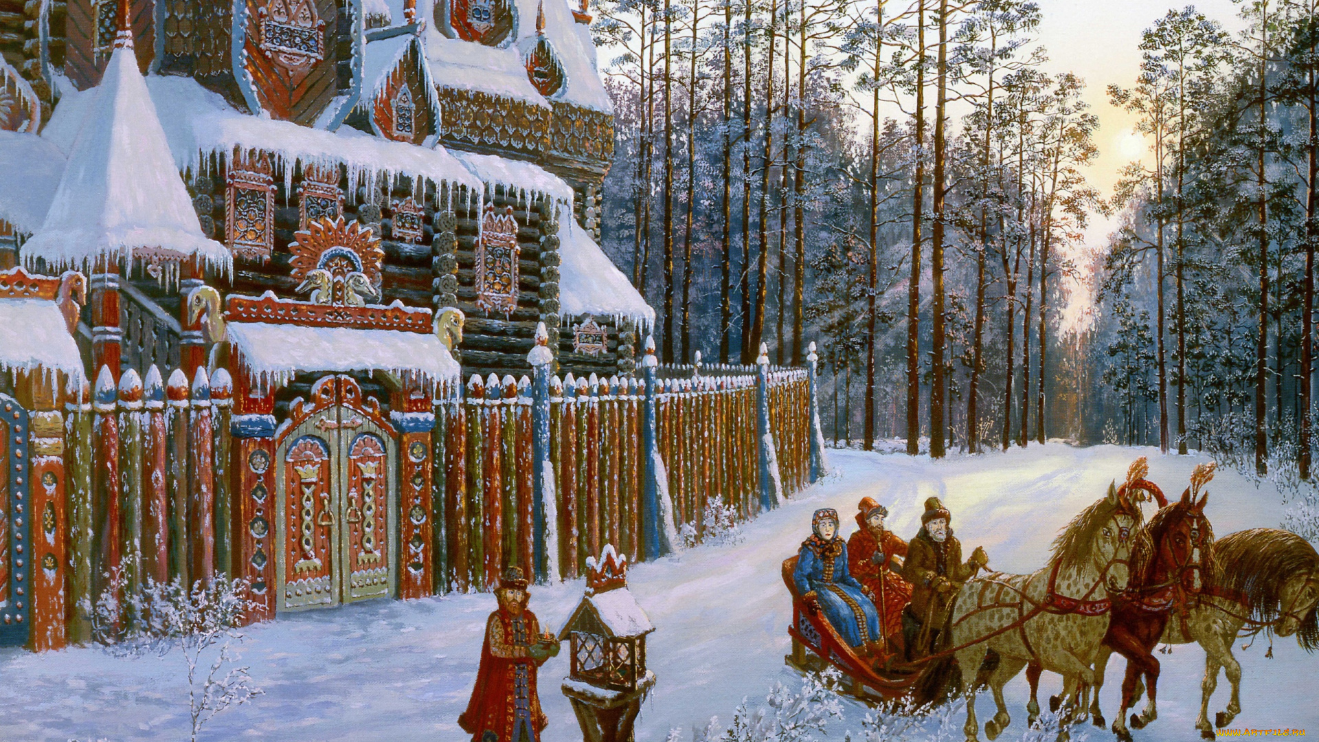 рисованные, живопись, лес, тройка, замок, снег, дорога