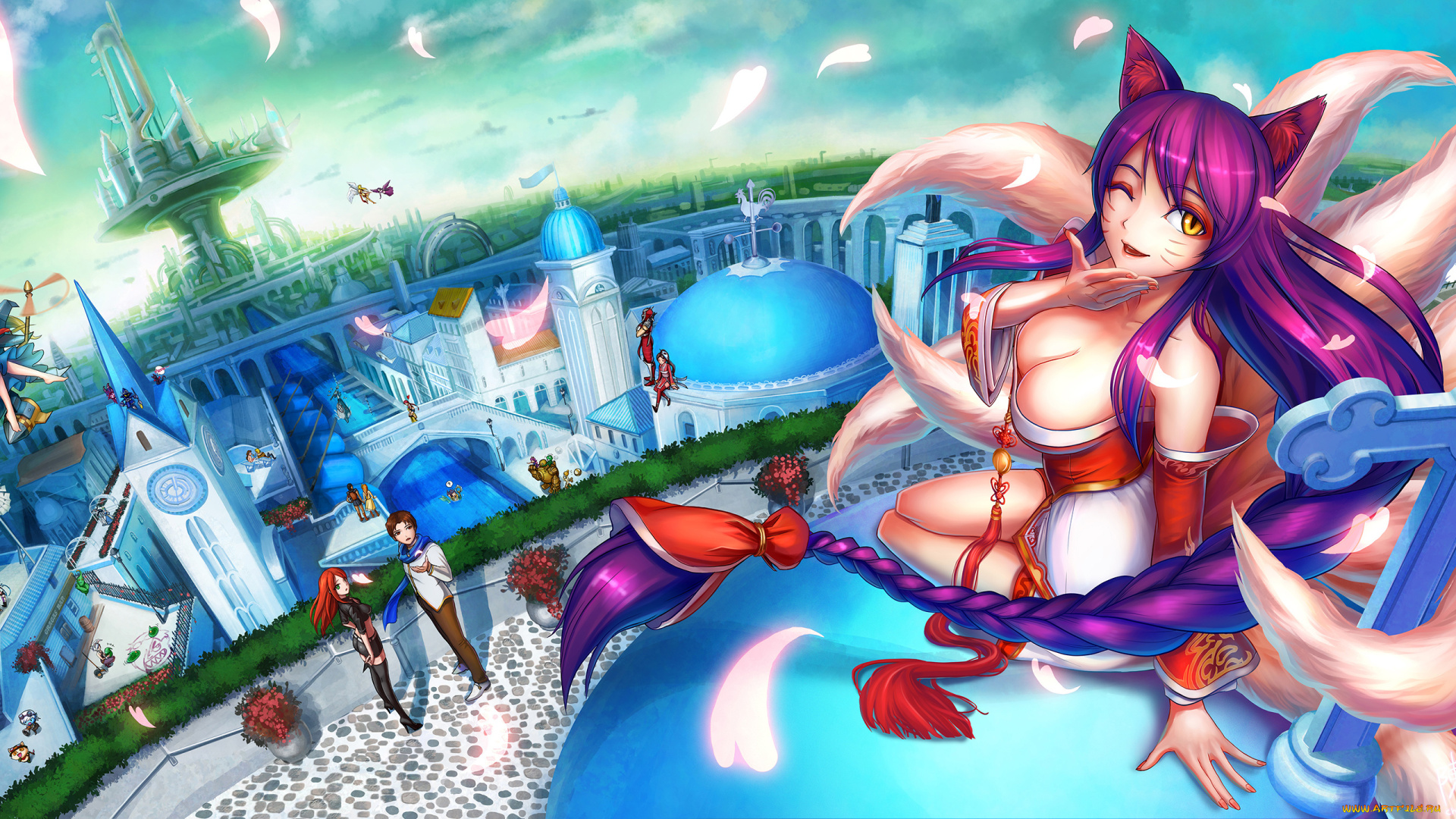 видео, игры, league, of, legends, league, of, legends, chanseven, арт, персонажи, город, уши, девушка, ahri