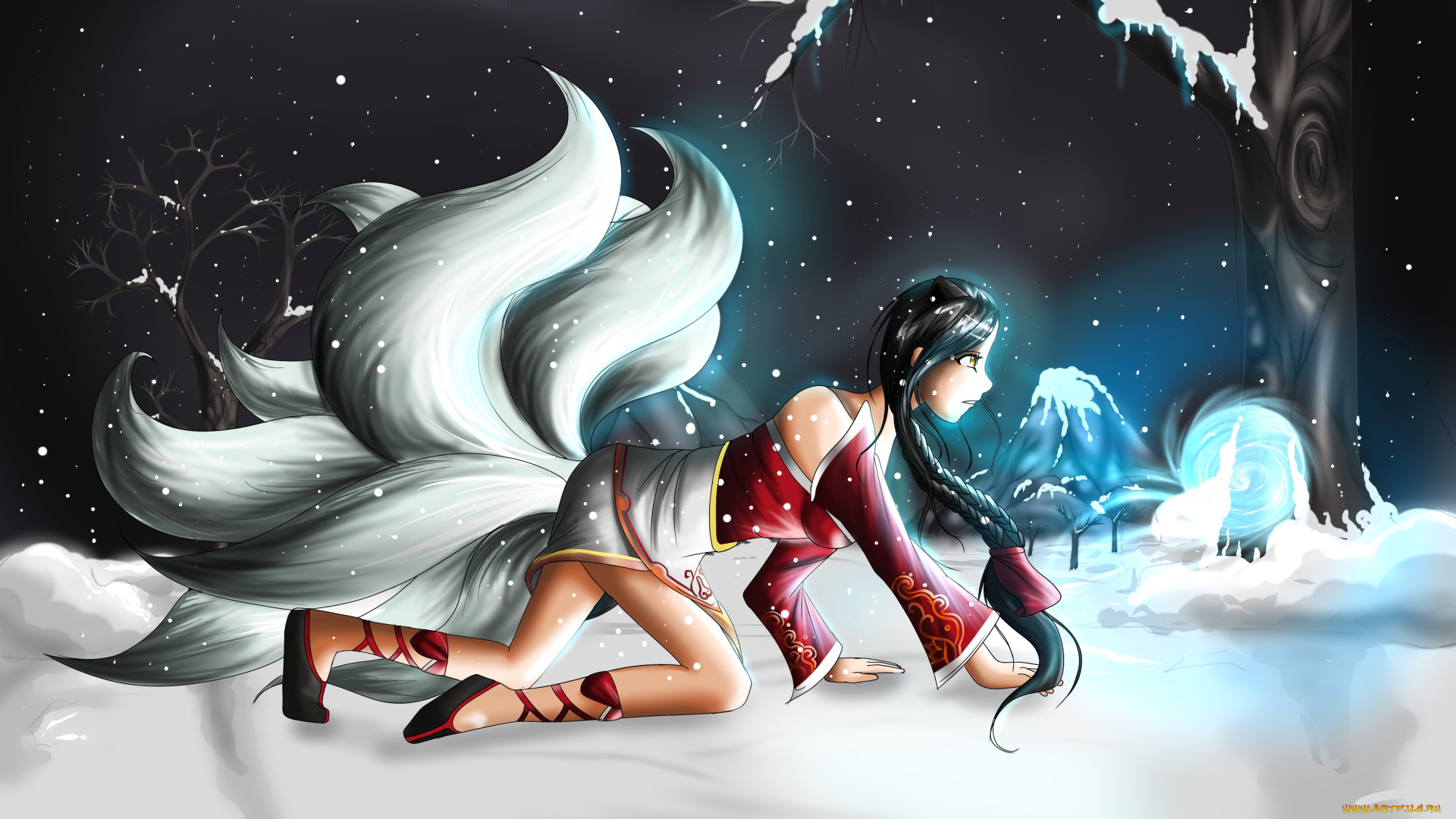 видео, игры, league, of, legends, снег, деревья, девушка, ахри, ahri, league, of, legends