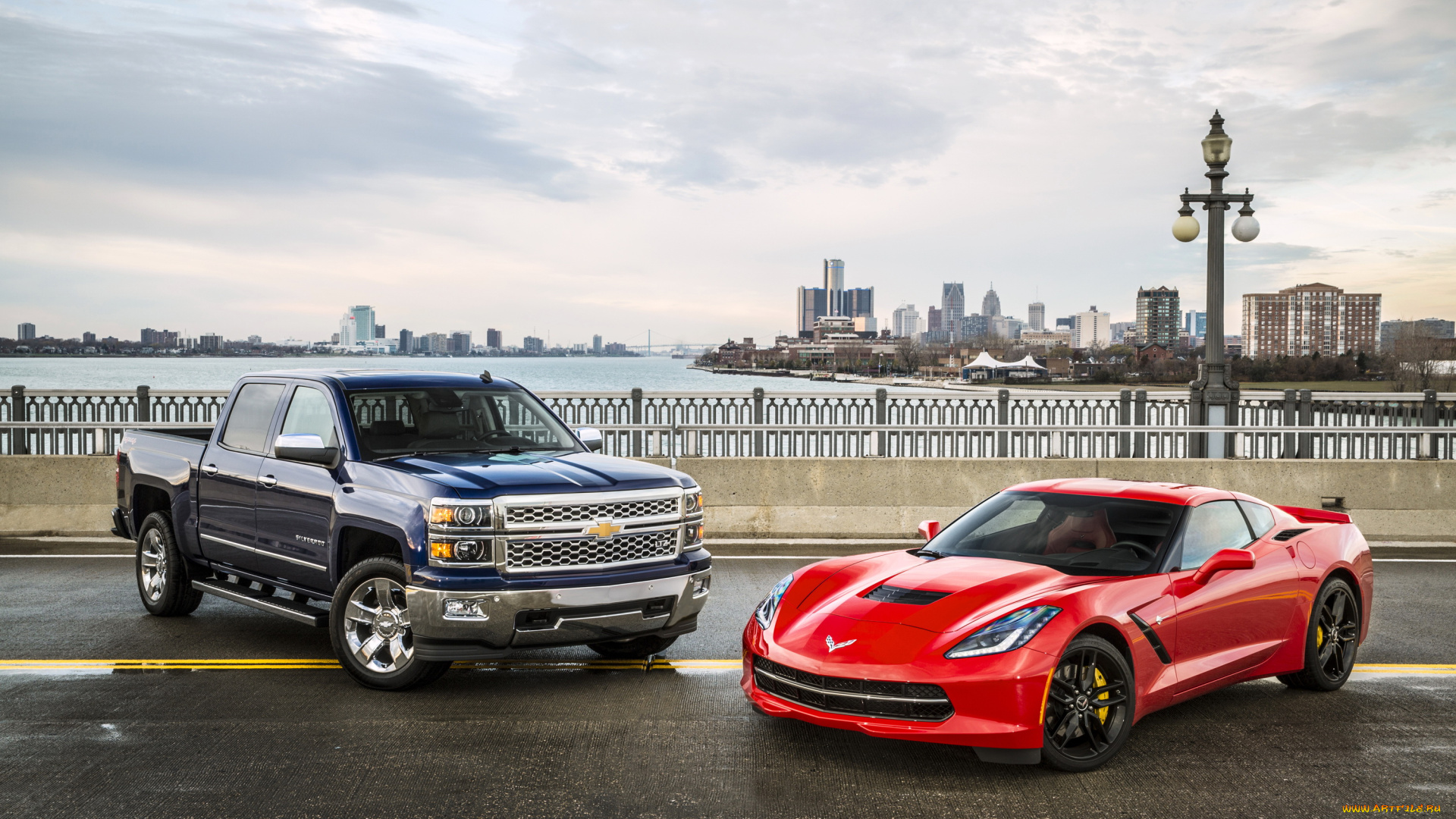 2014, chevrolet, corvette, stingray, and, silverado, 1500, crowned, автомобили, chevrolet, corvette, stingray, silverado, серый, красный, металлик