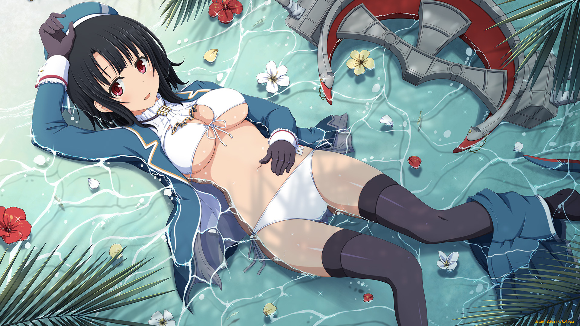 аниме, kantai, collection, kantai, collection, kancolle, takao, арт, shira-nyoro, лепестки, девушка, цветы, вода