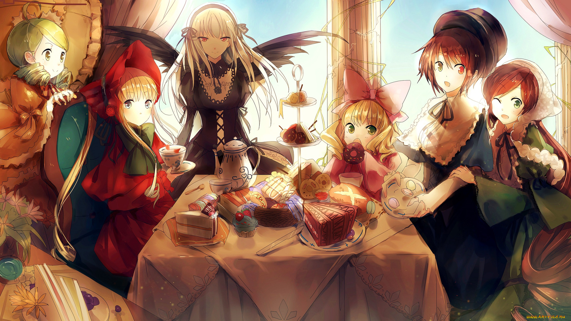аниме, rozen, maiden, сладости, еда, hina, ichigo, kanaria, rozen, maiden, стол, suigintou, souseiseki, shinku, benghuai-7, девочки, арт, suiseiseki
