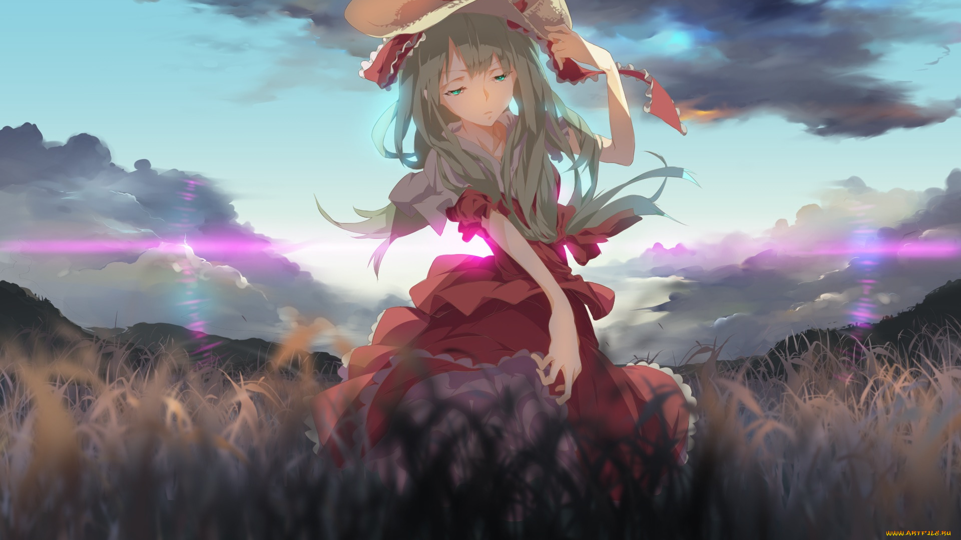 аниме, touhou, облака, небо, природа, трава, поле, арт, девушка, dc-12696462, kagiyama, hina