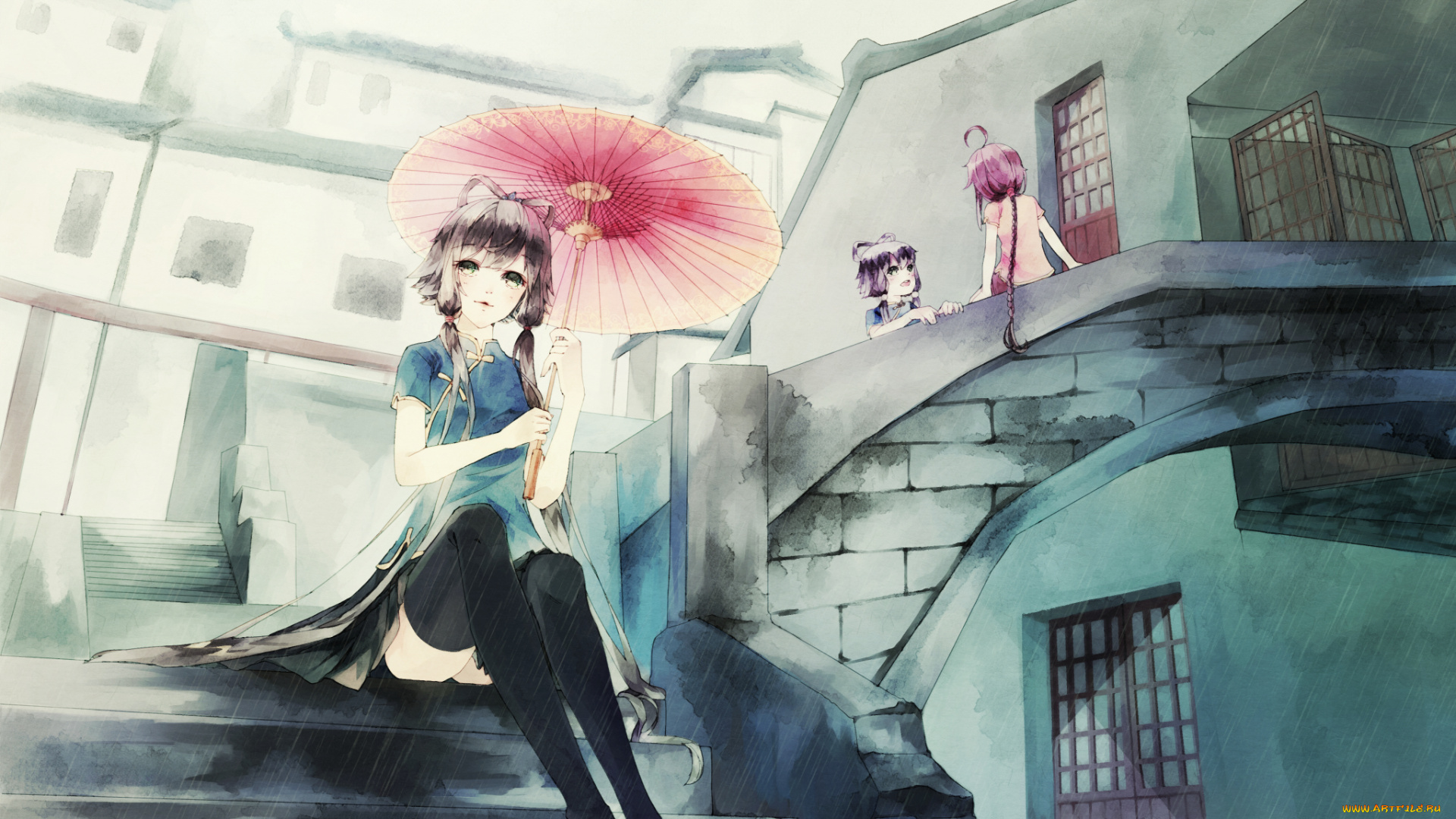 аниме, vocaloid, девочки, зонт, здания, город, арт, anna, anna1997, лестница, yuezheng, ling, luo, tianyi, china