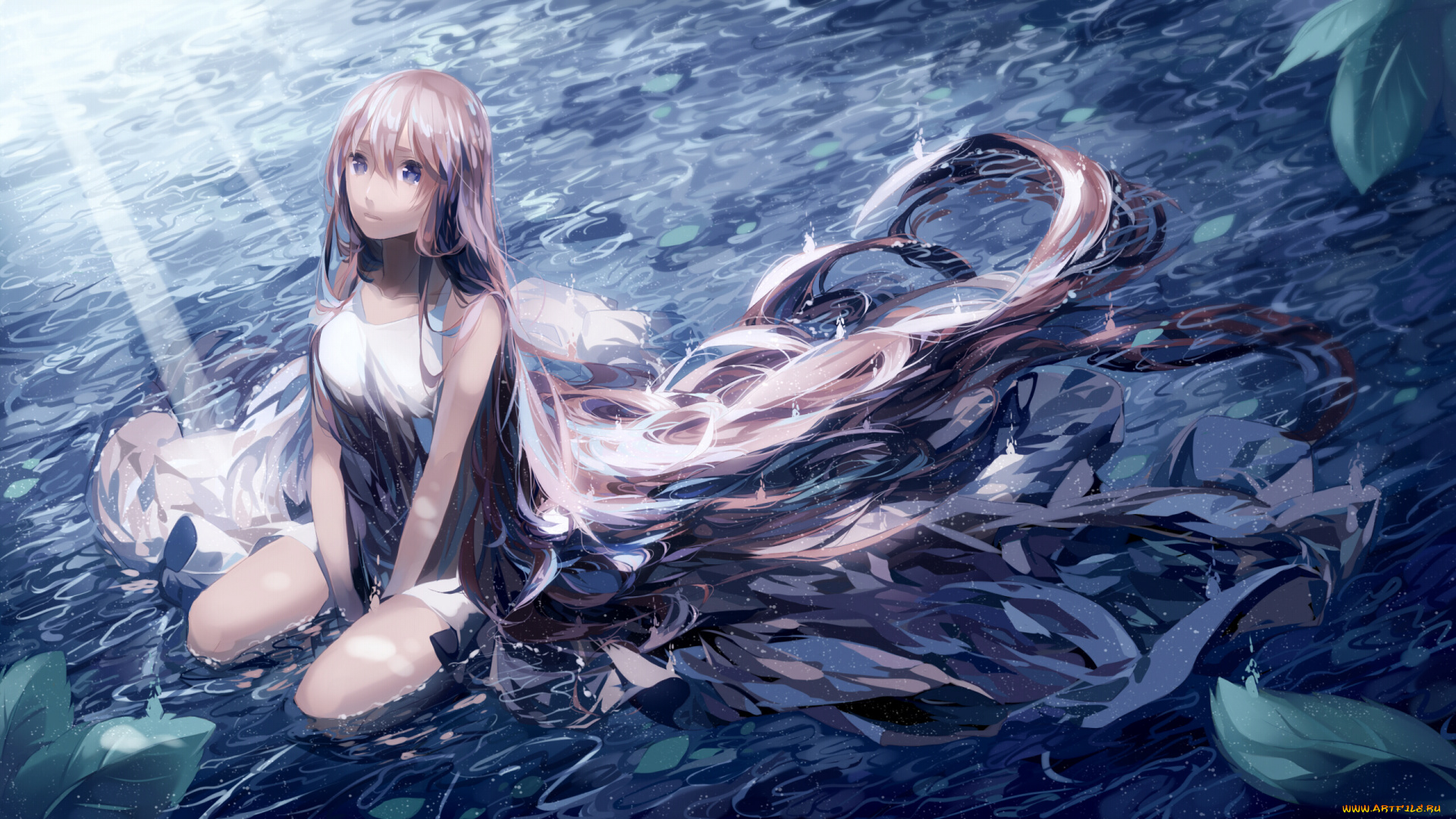 аниме, vocaloid, вода, девушка, арт, megurine, luka, листья