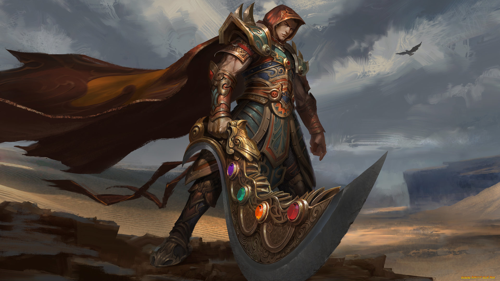 фэнтези, люди, скала, камни, оружие, взгляд, воин, арт, плащ, доспехи, фантастика, птица, небо