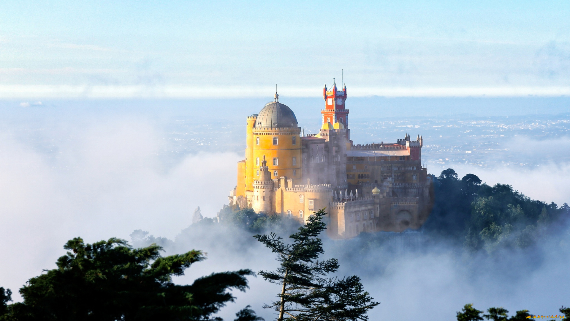 города, -, дворцы, , замки, , крепости, португалия, дворец, пена, замок, утро, туман, деревья, долина