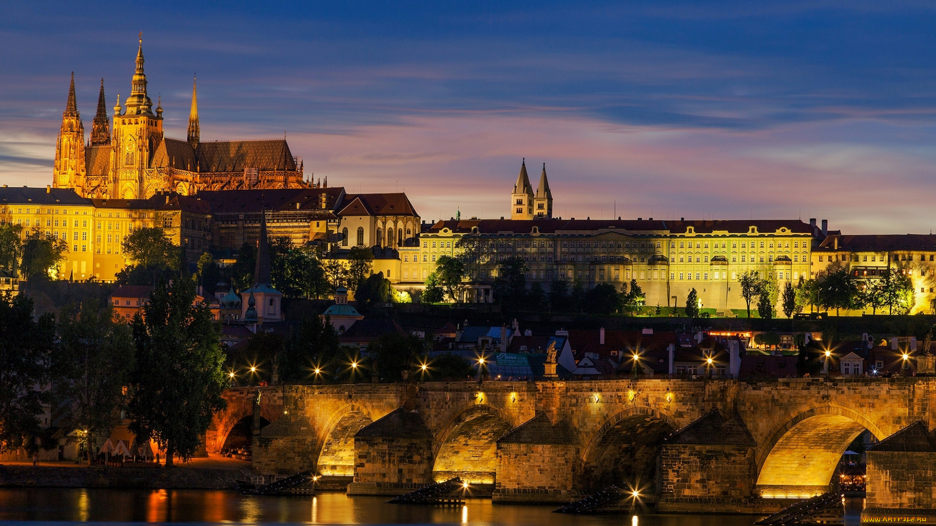 города, -, огни, ночного, города, влтава, река, архитектура, освещение, огни, закат, вечер, город, карлов, мост