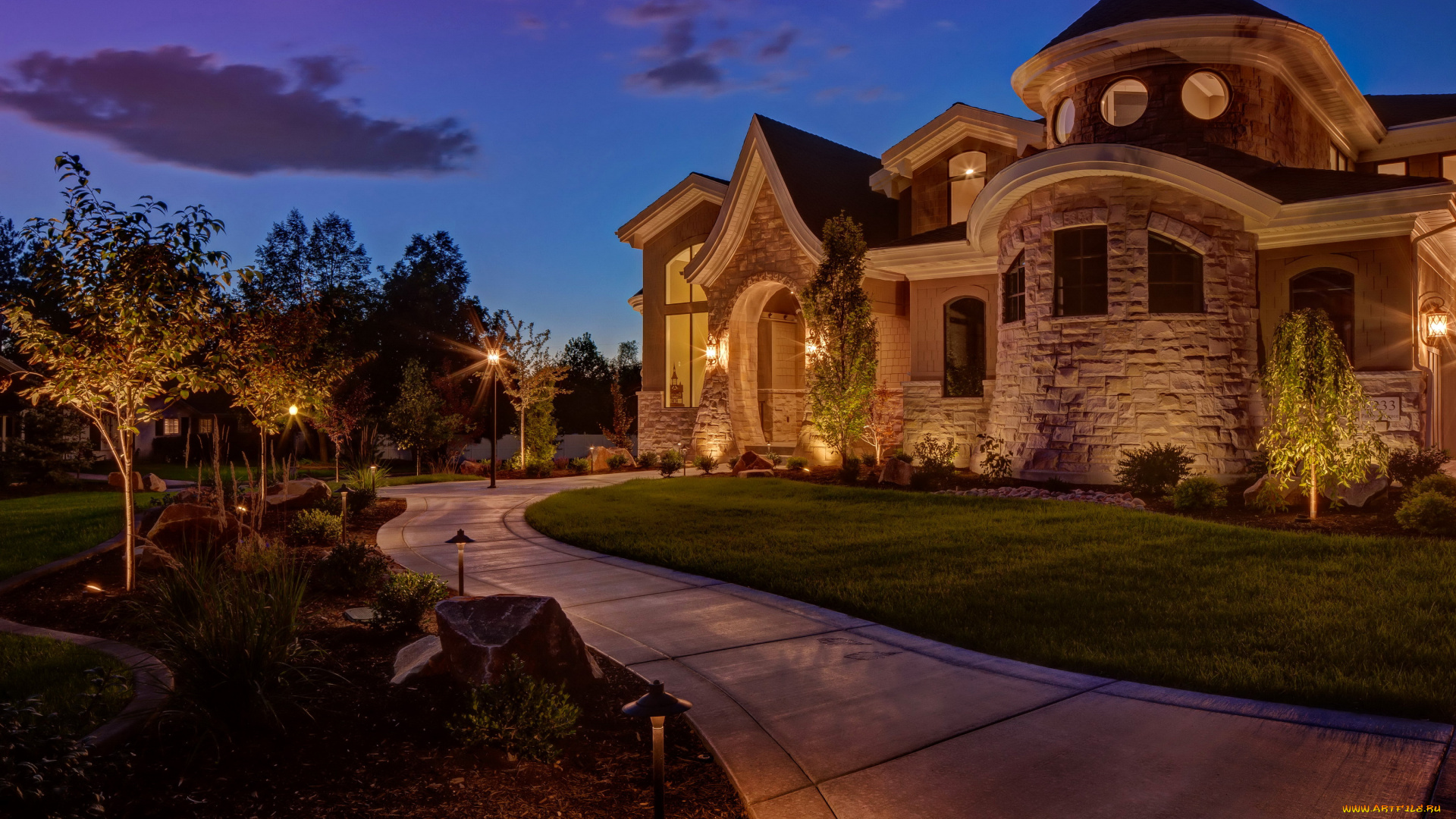 города, -, здания, , дома, ночь, газон, ландшафт, особняк, огни, дом