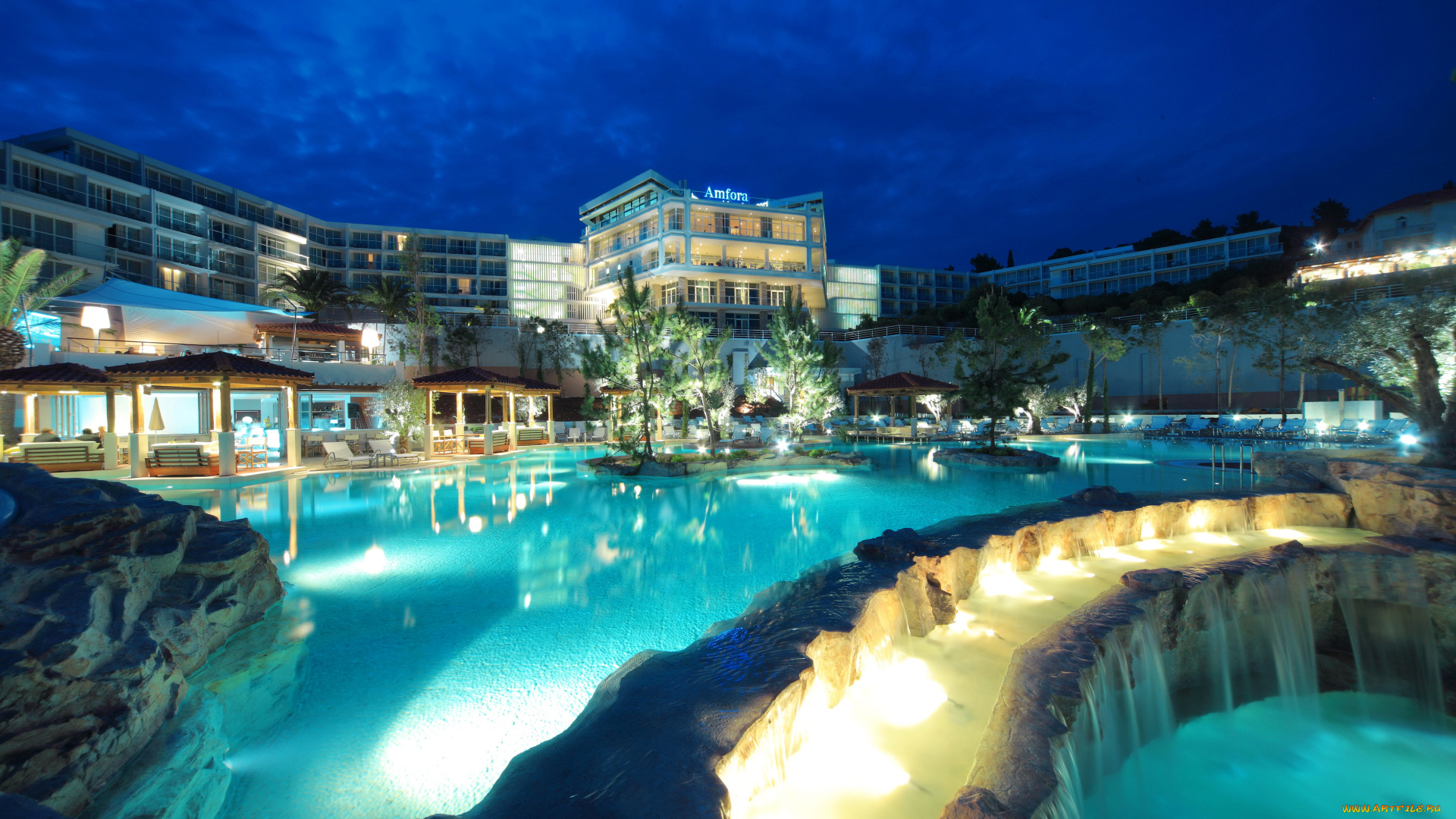 хорватия, остров, хвар, города, -, огни, ночного, города, ночь, бассейн, курорт, фонари