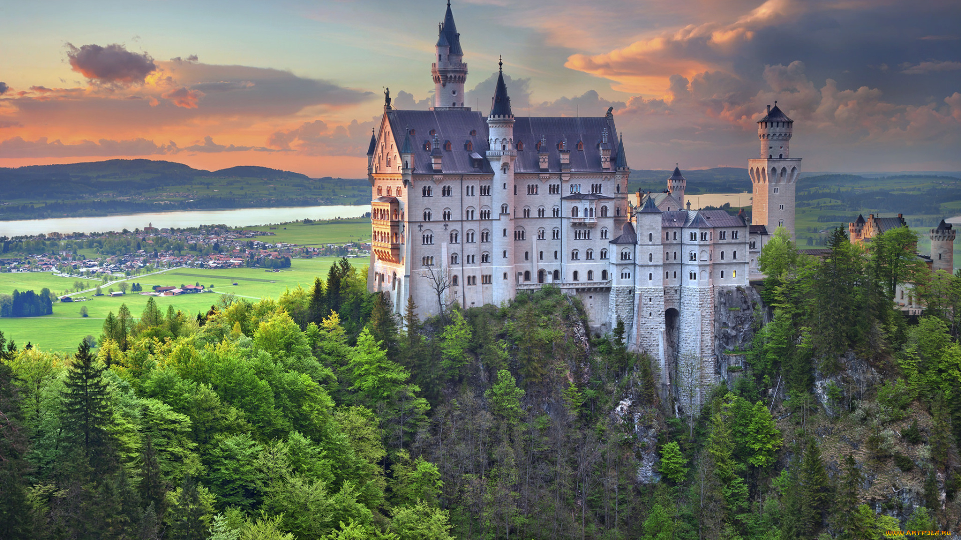 neuschwanstein, castle, города, замок, нойшванштайн, , германия, река, лес, замок