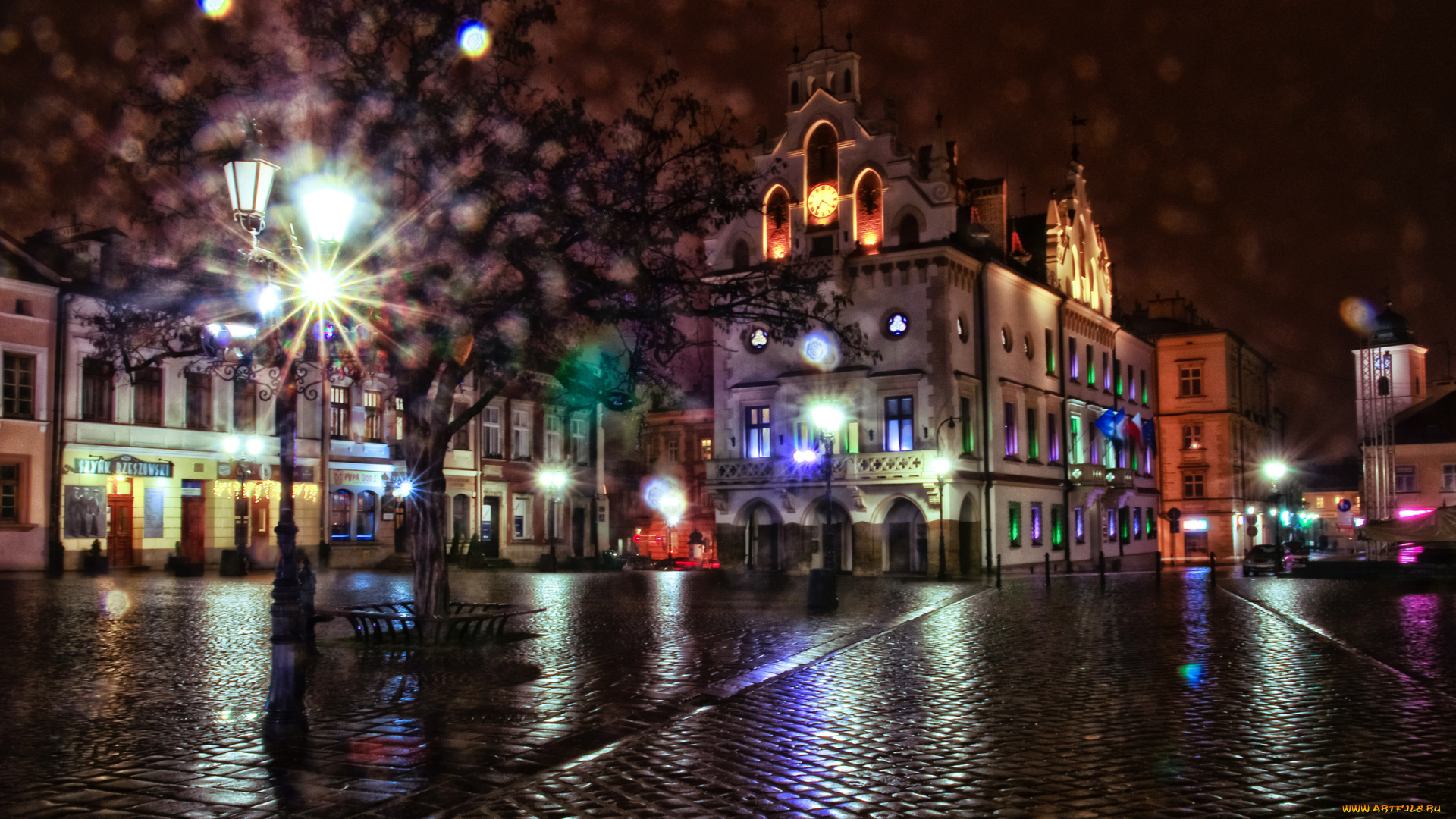 rzeszow, poland, города, -, огни, ночного, города, огни, польша, дома, улица, ночь