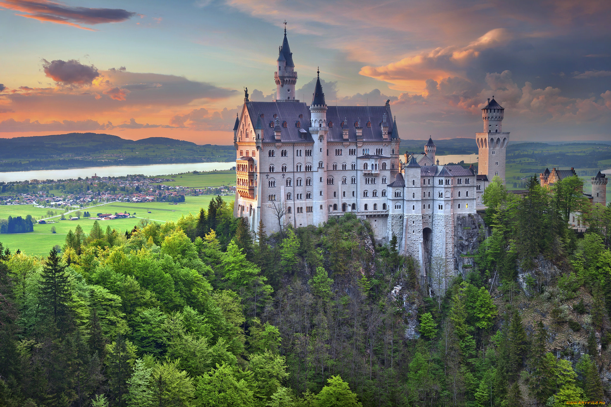 neuschwanstein, castle, города, замок, нойшванштайн, , германия, река, лес, замок