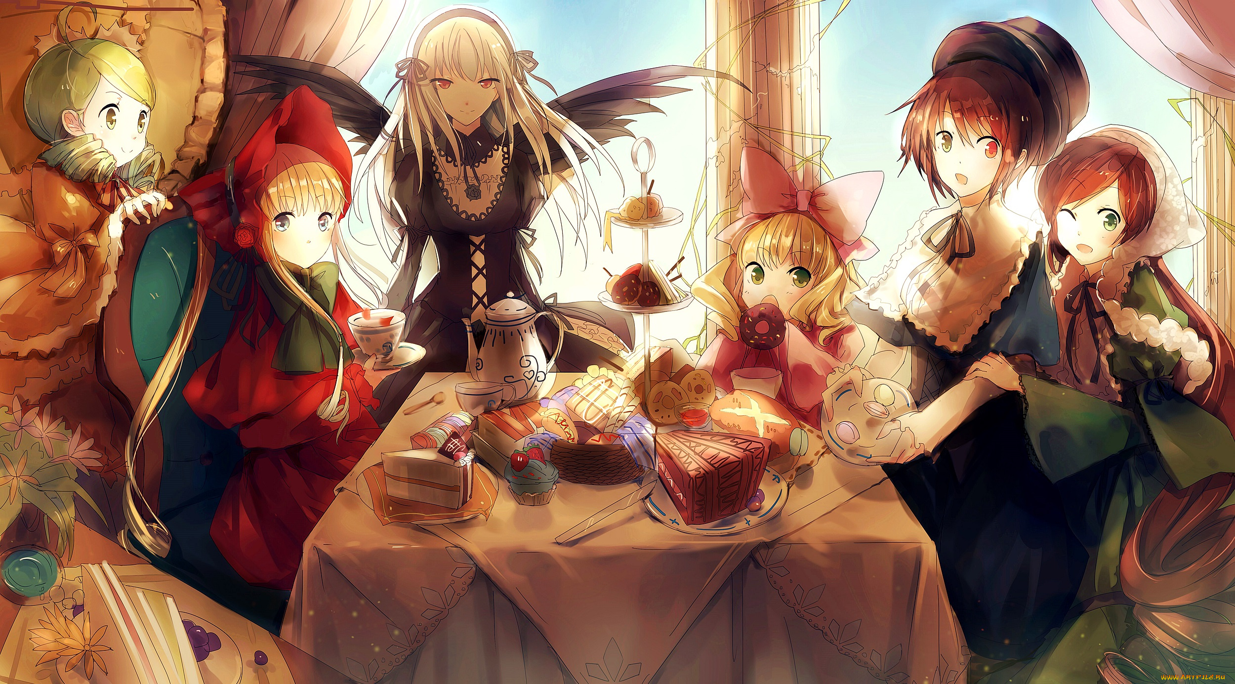 аниме, rozen, maiden, сладости, еда, hina, ichigo, kanaria, rozen, maiden, стол, suigintou, souseiseki, shinku, benghuai-7, девочки, арт, suiseiseki