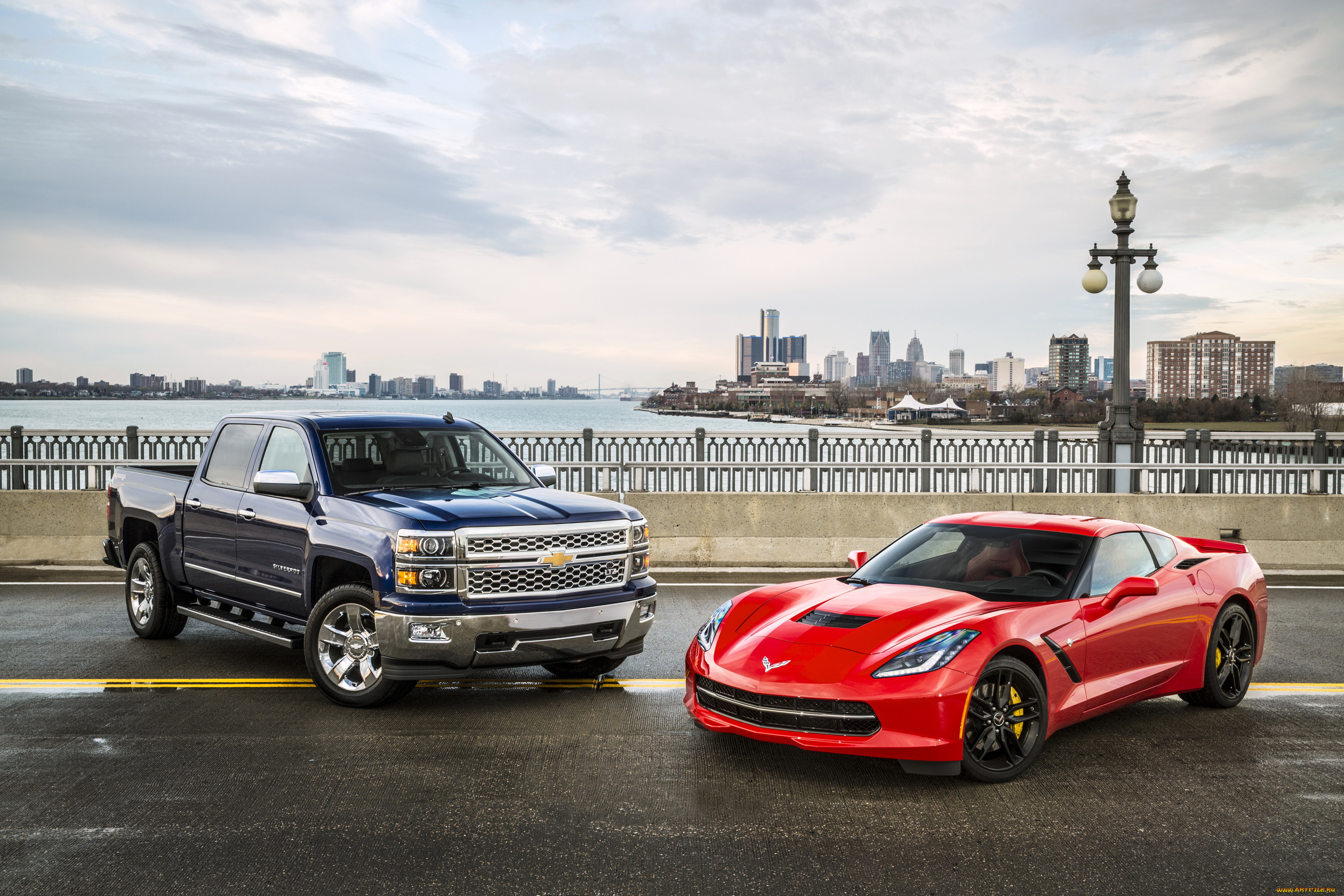 2014, chevrolet, corvette, stingray, and, silverado, 1500, crowned, автомобили, chevrolet, corvette, stingray, silverado, серый, красный, металлик